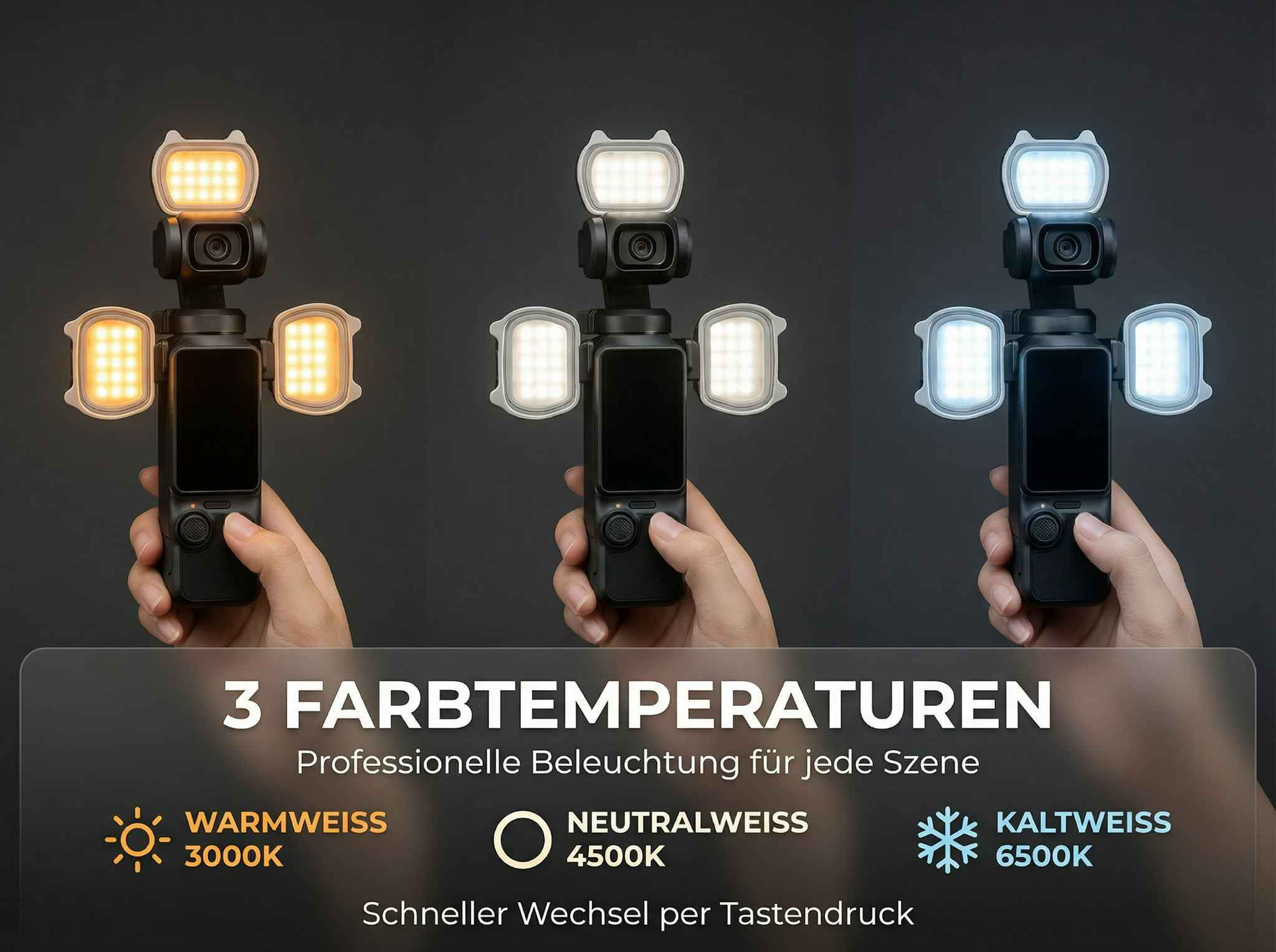 Kameragerät mit drei Lichtern in verschiedenen Farbtemperaturen.
