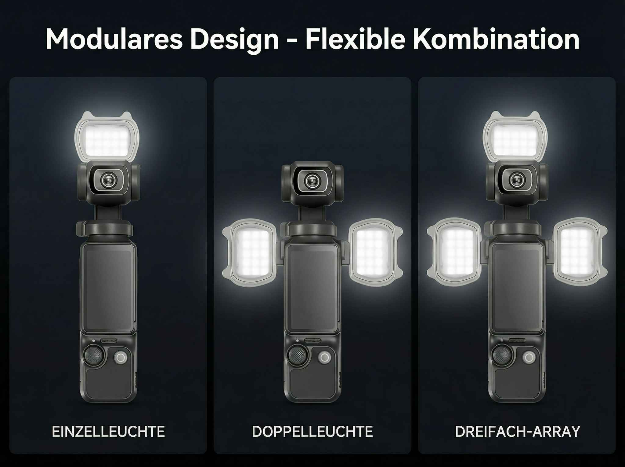 Drei Kameramodule mit Lichtern: einzeln, doppelt, dreifach.
