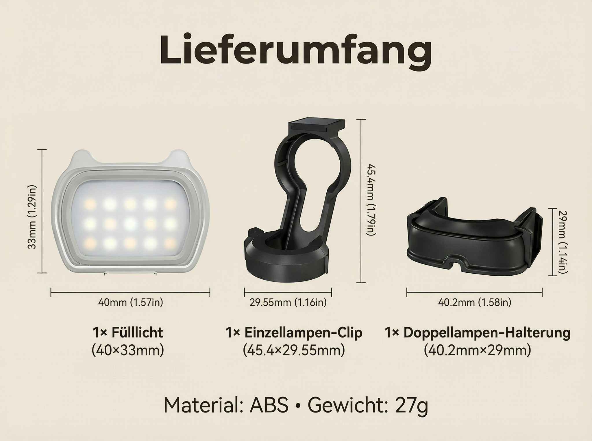 Drei Fahrradlichter: Fülllicht, Clip und Halterung mit Maßen.