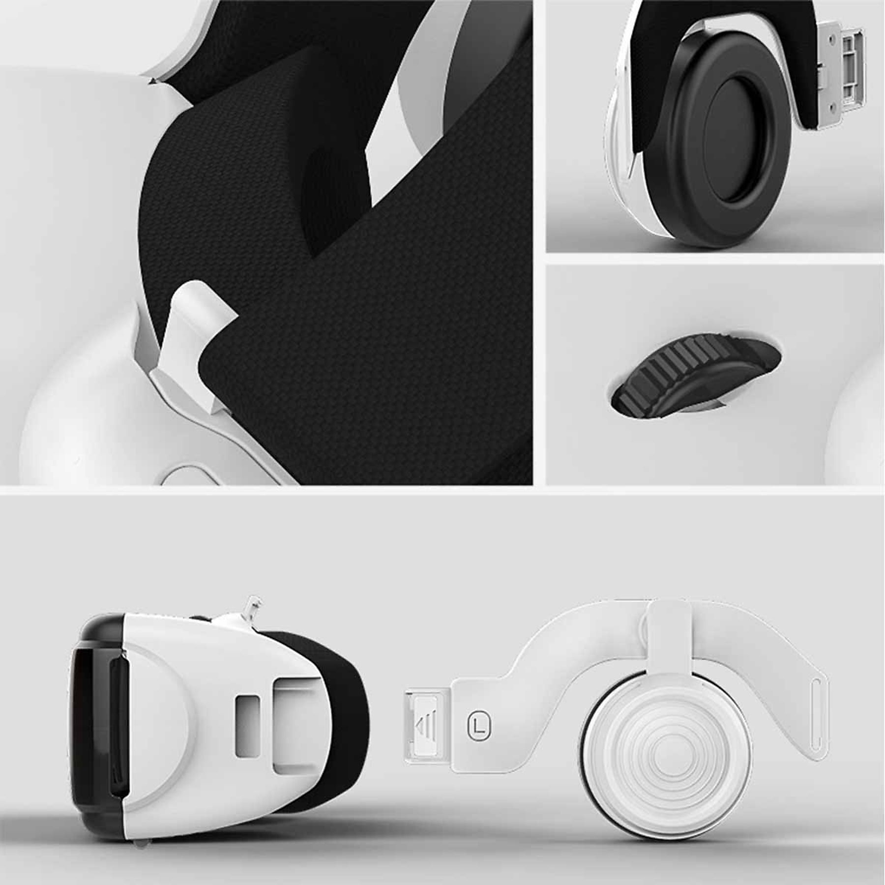 Ein weißes VR-Headset mit schwarzen Akzenten und Kopfhörern.
