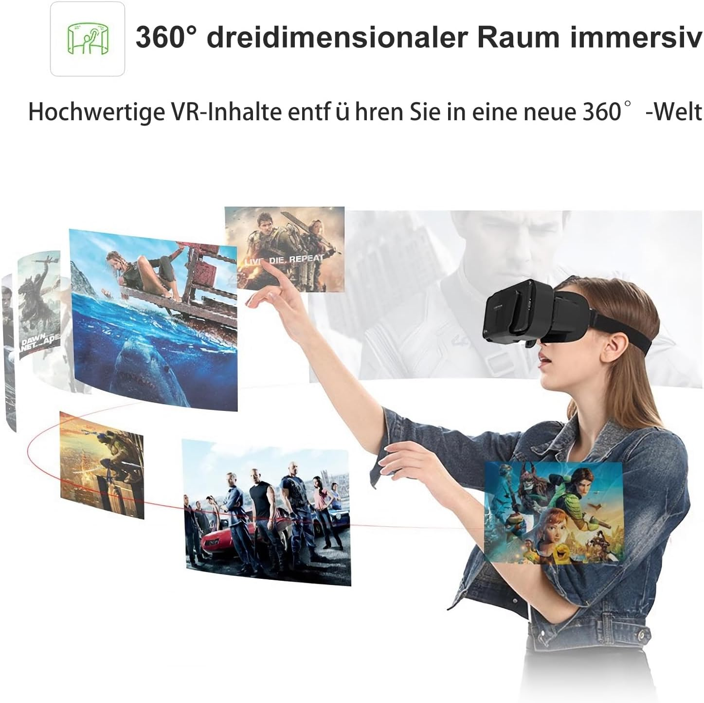 Frau mit VR-Brille blickt auf fliegende Bilder von Filmen.