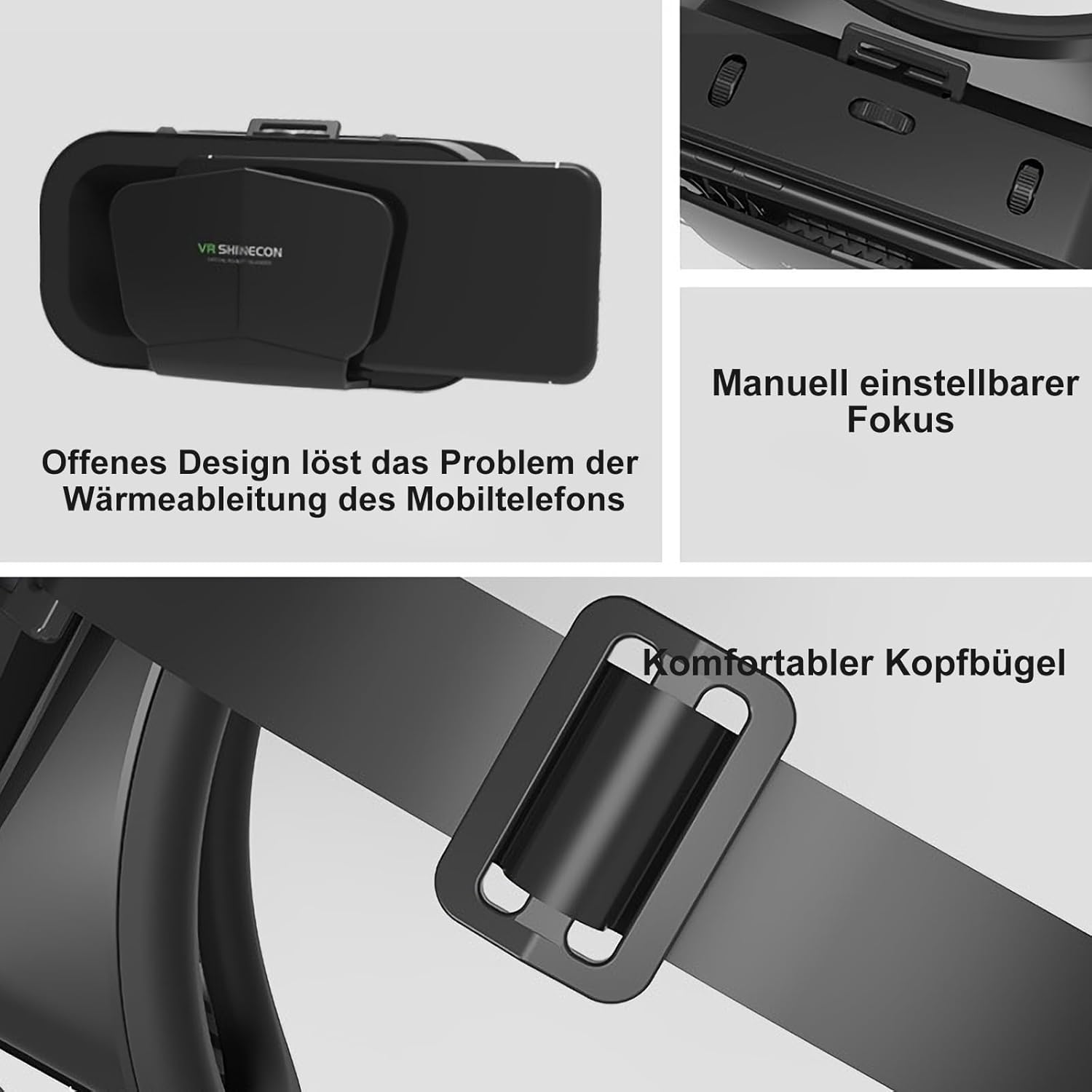 VR-Brille mit offenem Design, einstellbarem Fokus und Kopfbügel.
