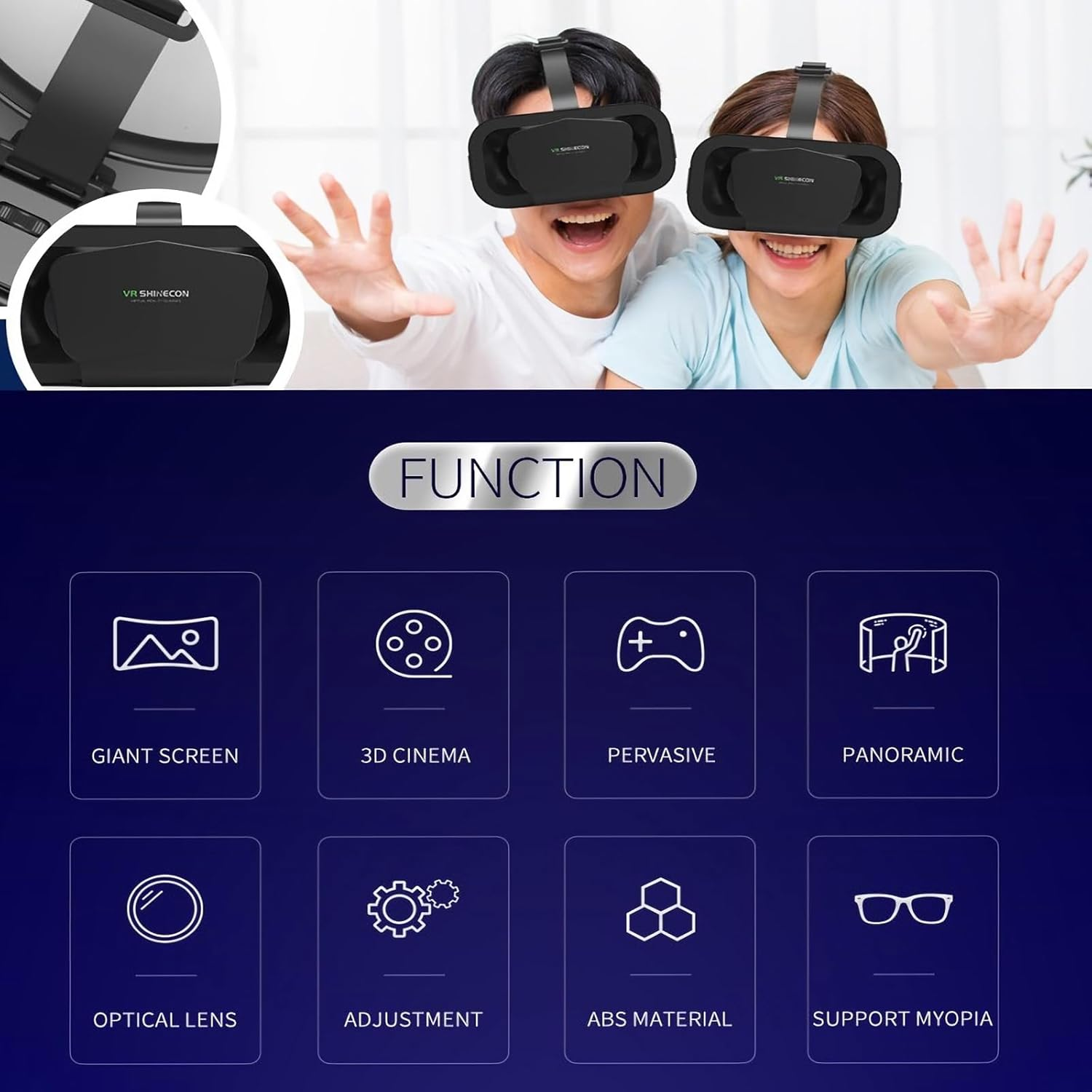 Ein Paar lacht und trägt VR-Brillen. Darunter sind Funktionssymbole.