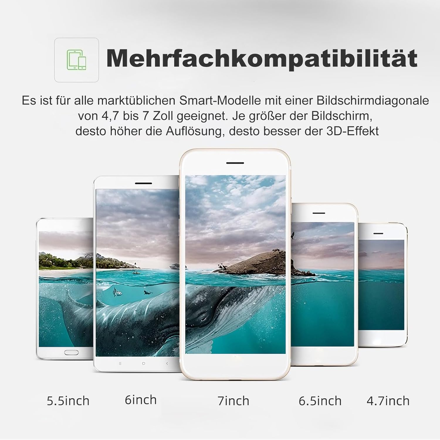 Mehrere Smartphones mit unterschiedlichen Bildschirmgrößen von 4,7 bis 7 Zoll.