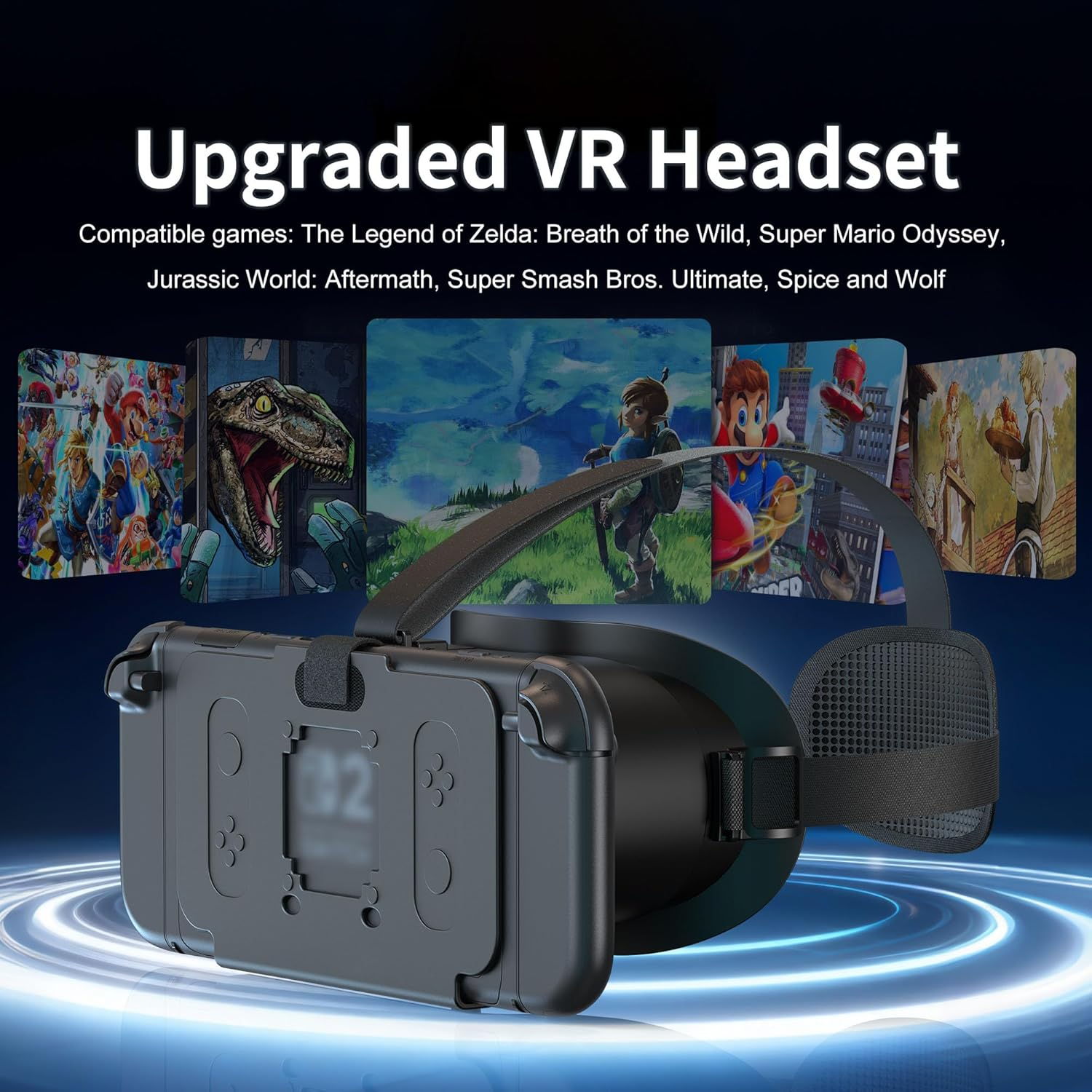 Schwarzes VR-Headset mit Spielen wie Zelda und Mario im Hintergrund.
