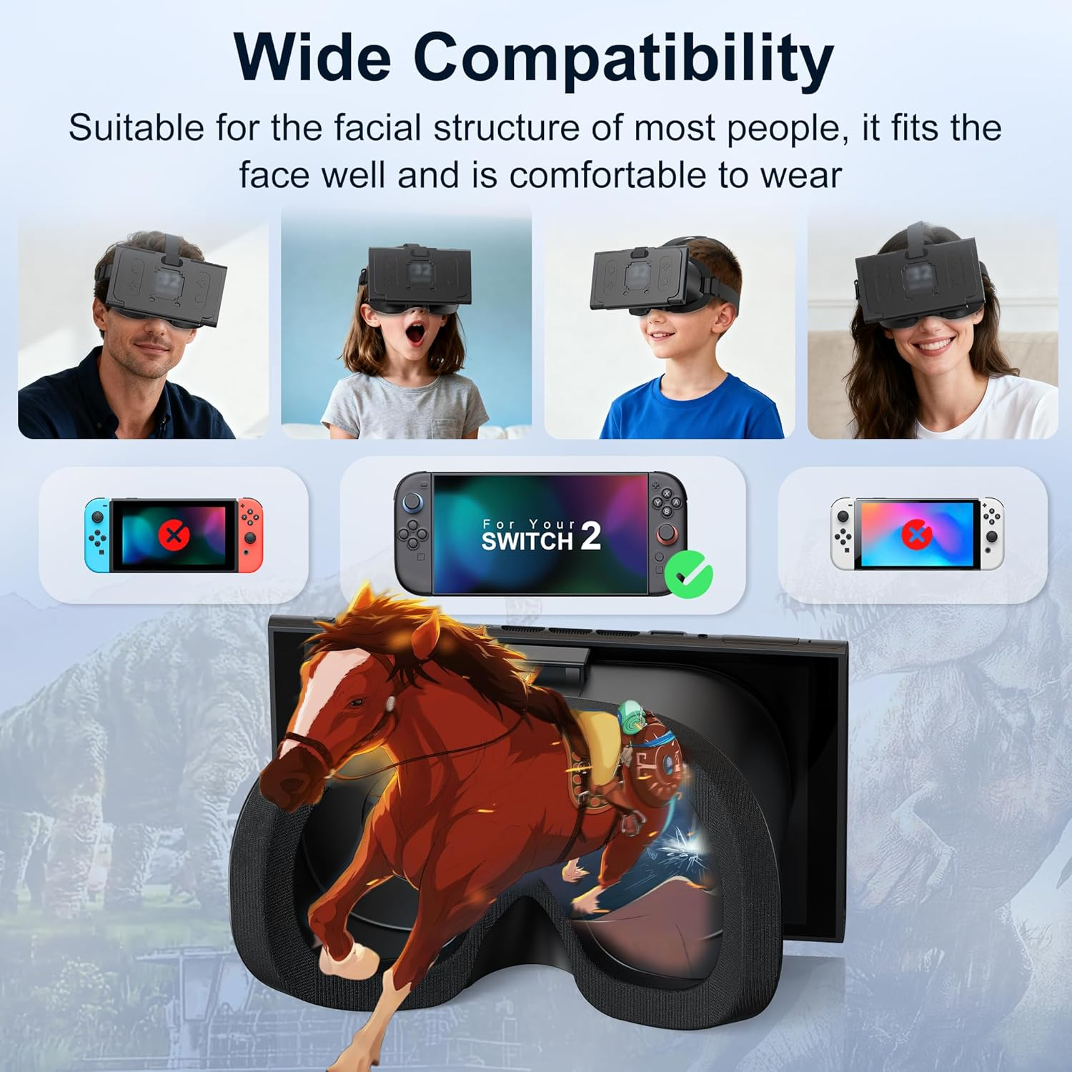 VR-Headset zeigt ein Pferd auf einem prähistorischen Hintergrund, mit Spielekonsolen.