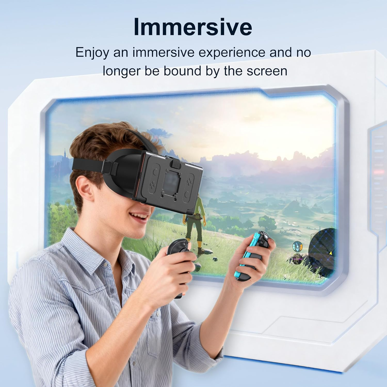 Mann mit VR-Brille und Controllern spielt ein Videospiel mit grüner Landschaft.