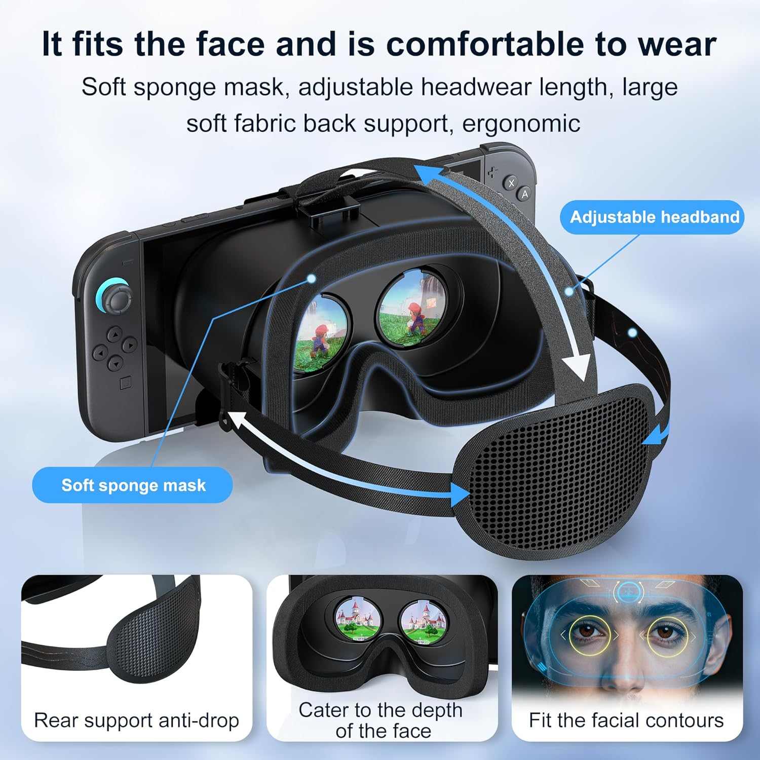 VR-Headset mit weicher Schwammaske, verstellbarem Kopfbügel und Rückstütze.