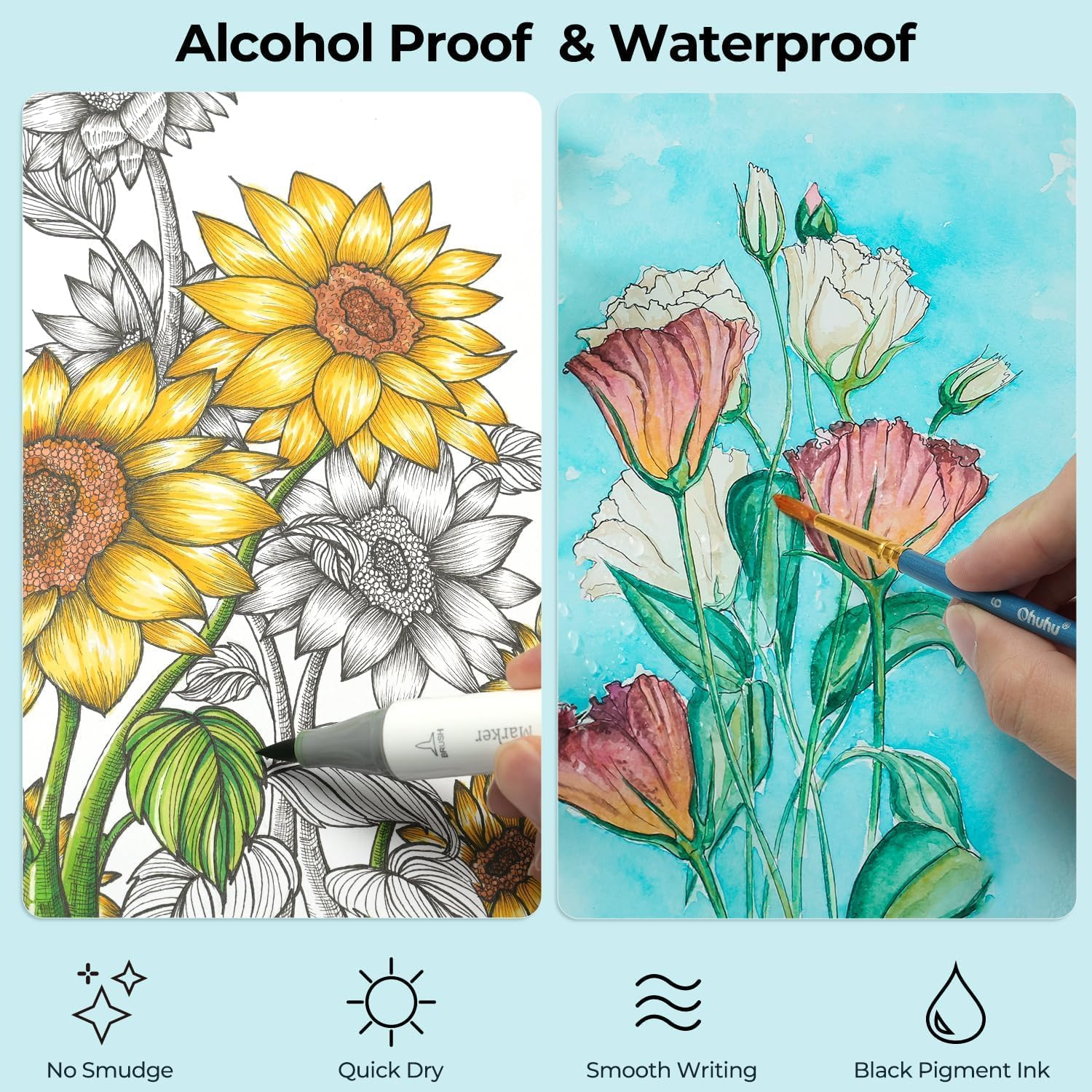 Zwei Illustrationen von Blumen. Links: Sonnenblumen im Skizzenstil. Rechts: Blumen mit Pinsel im Aquarellstil.