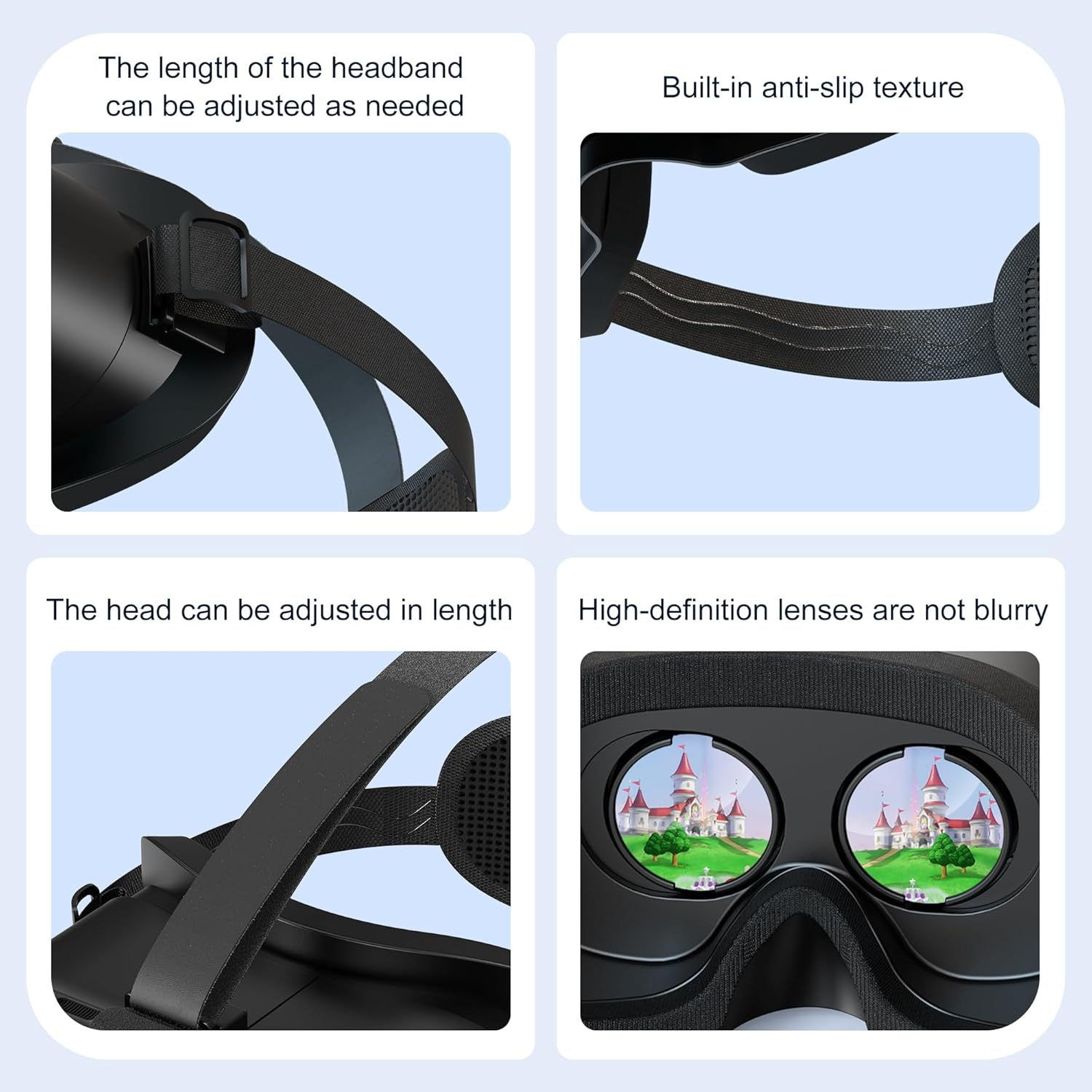 VR-Brille mit verstellbaren Riemen und Anti-Rutsch-Textur. Linsen zeigen eine Burg.