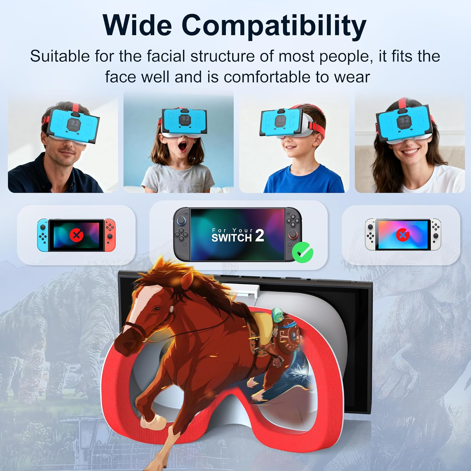 VR-Brille mit Nintendo Switch und Pferd-Grafik im Hintergrund.
