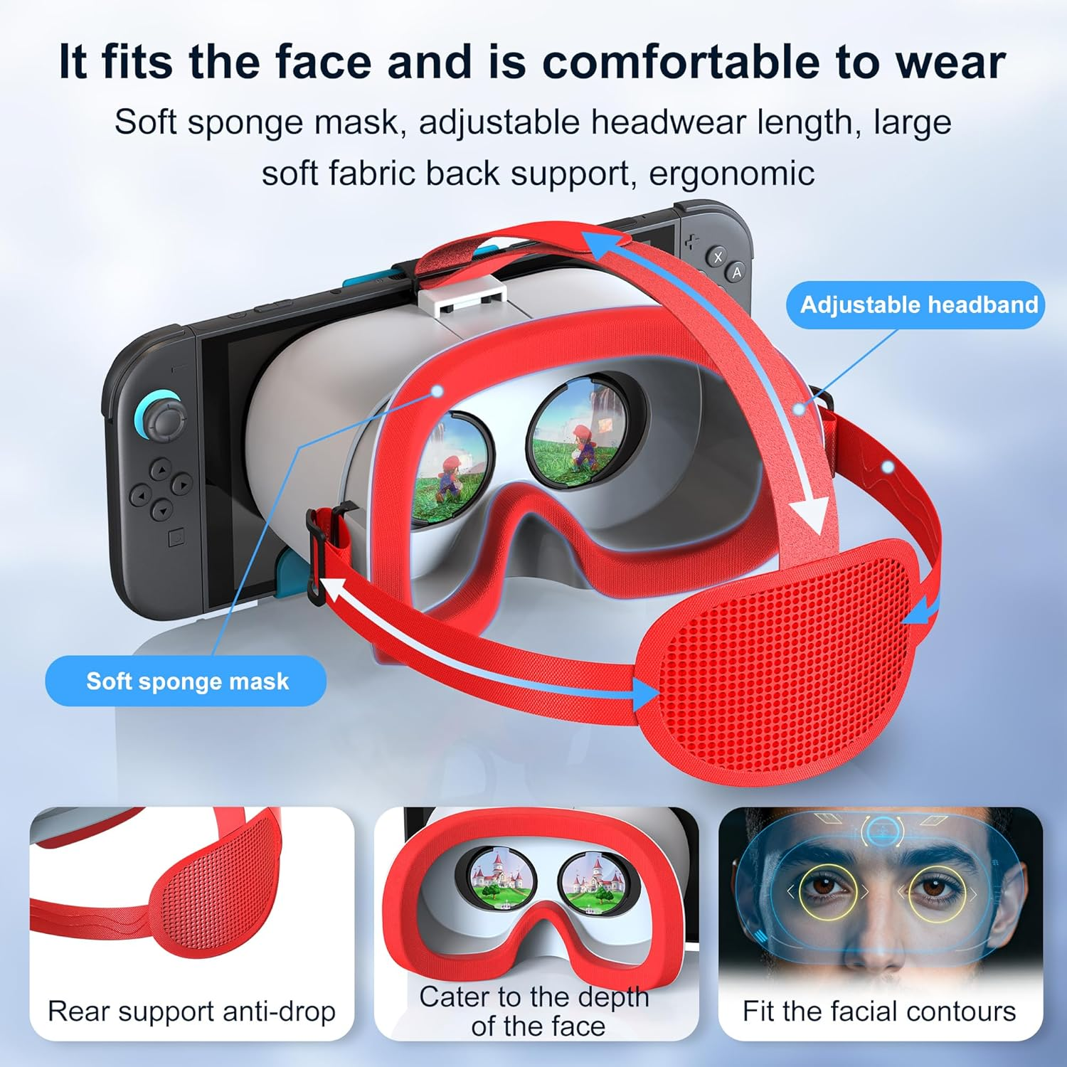 VR-Brille mit rotem Kopfbügel, weicher Maske und Nintendo Switch.