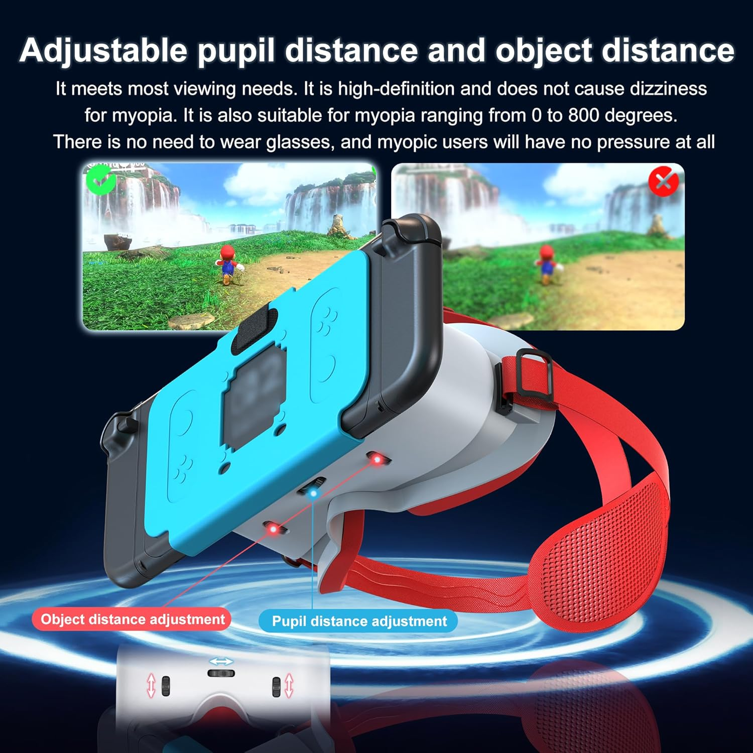 VR-Headset mit Mario-Spielansicht, Fokus auf Einstellknöpfe.