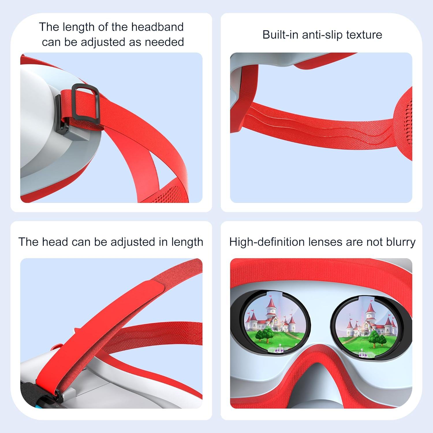 VR-Brille mit verstellbarem Band, Anti-Rutsch-Textur und klaren Linsen.