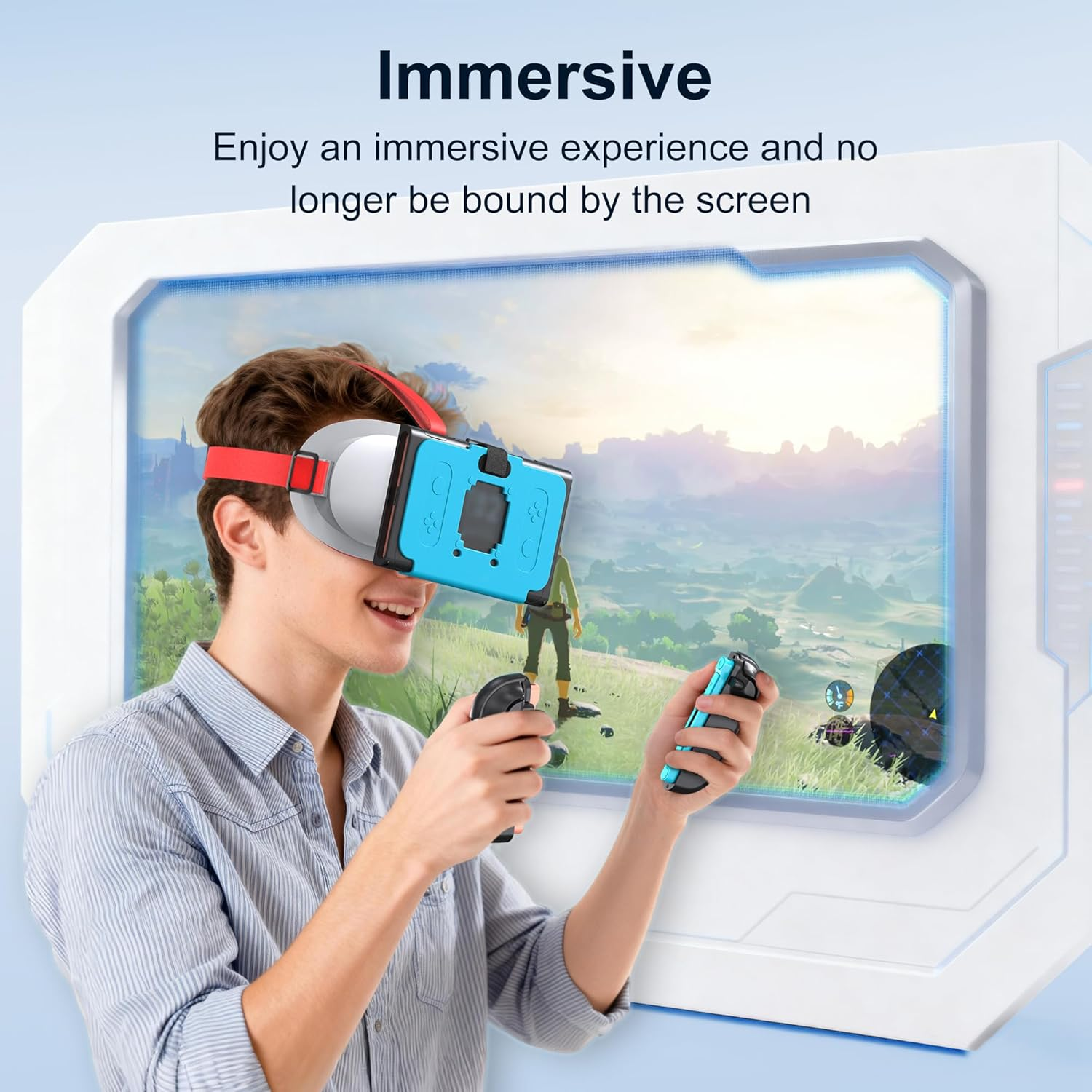 Mann trägt VR-Headset und spielt Spiel mit Controllern. Text: Immersiv.