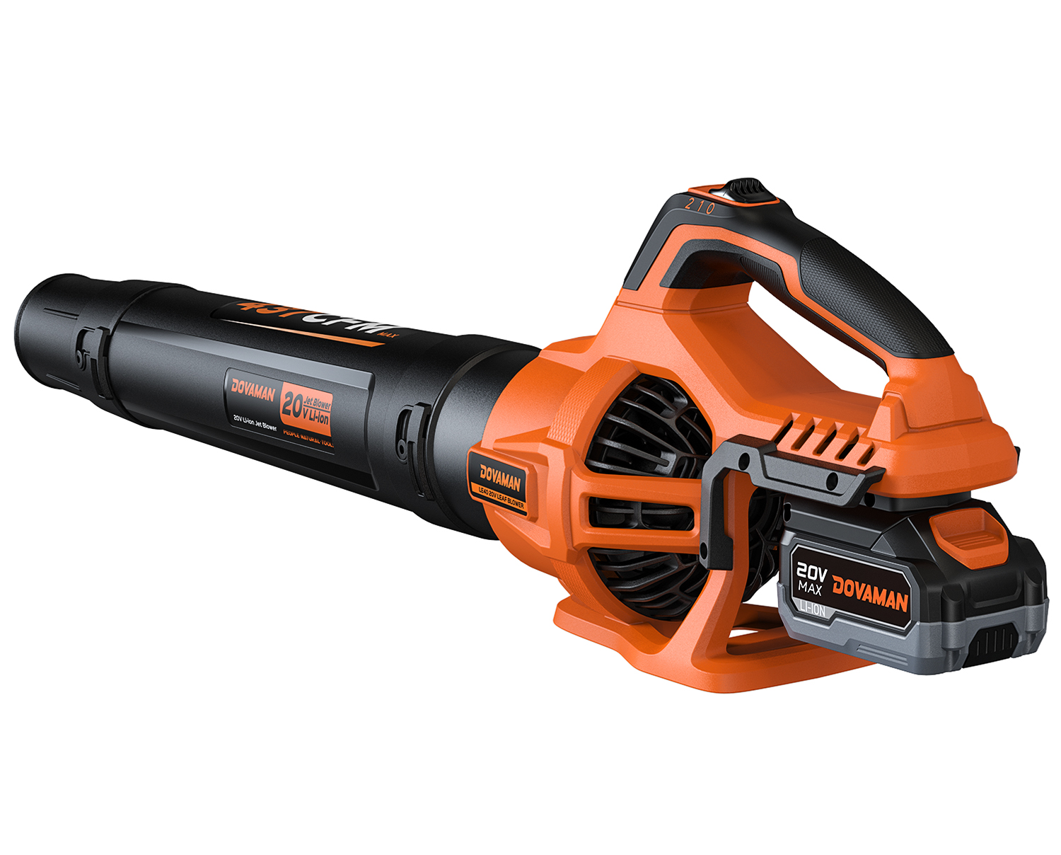 Ein orange-schwarzer Laubbläser mit 20V Akku, Studioaufnahme.