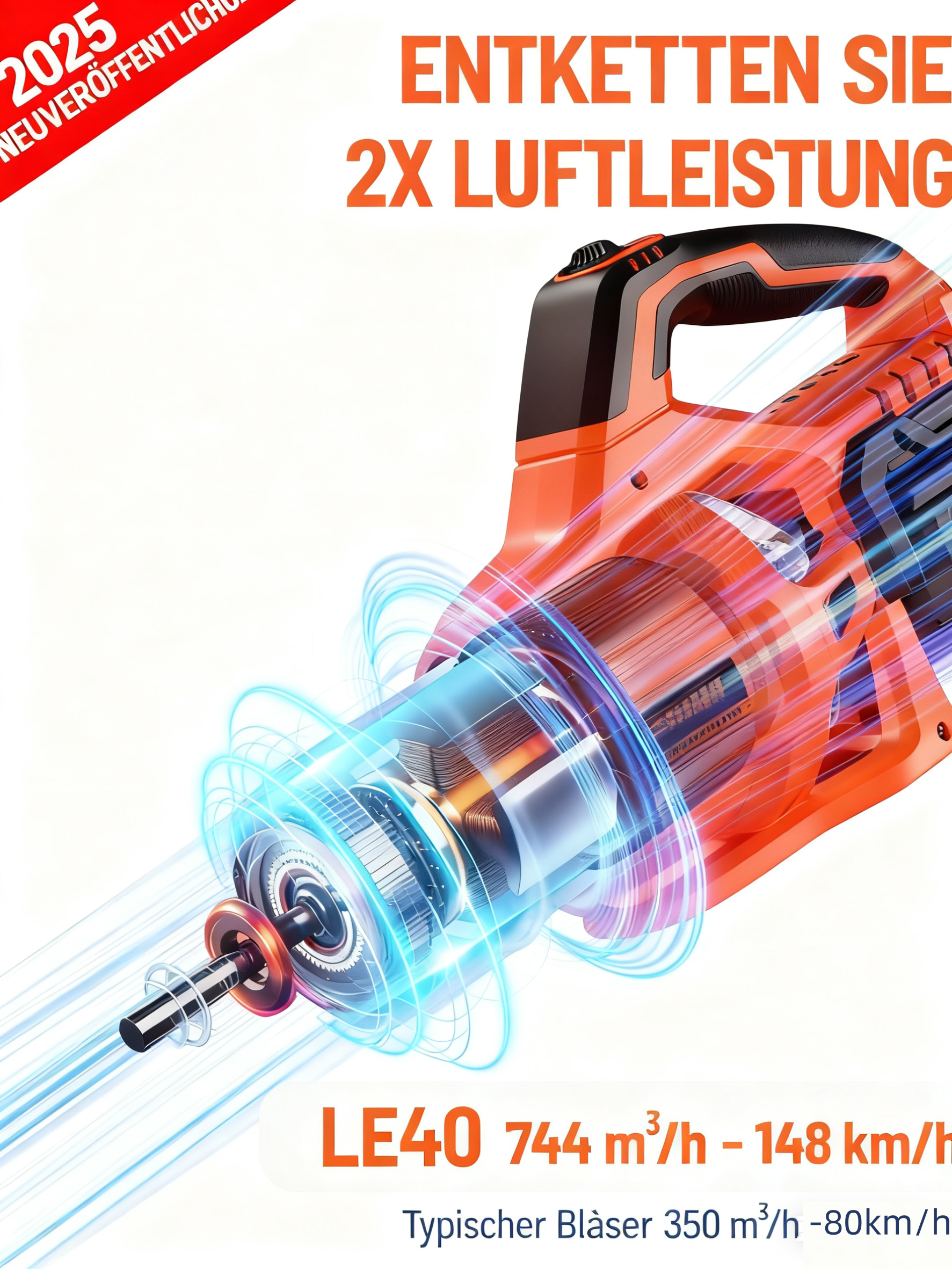 Orange Laubbläser mit 2x mehr Leistung, 744 m³/h, 148 km/h.