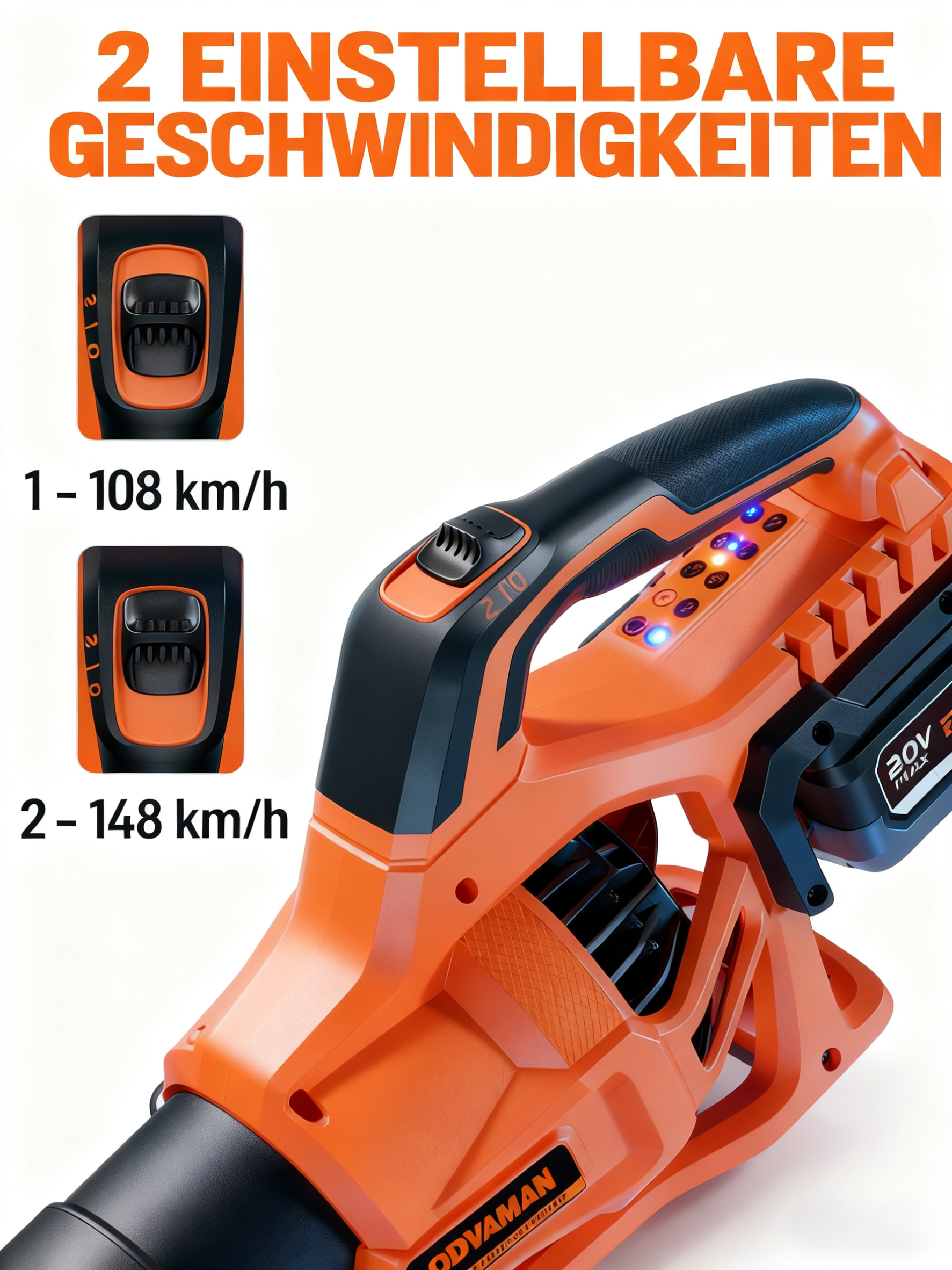Orange Laubbläser mit zwei Geschwindigkeitsstufen: 108 und 148 km/h.
