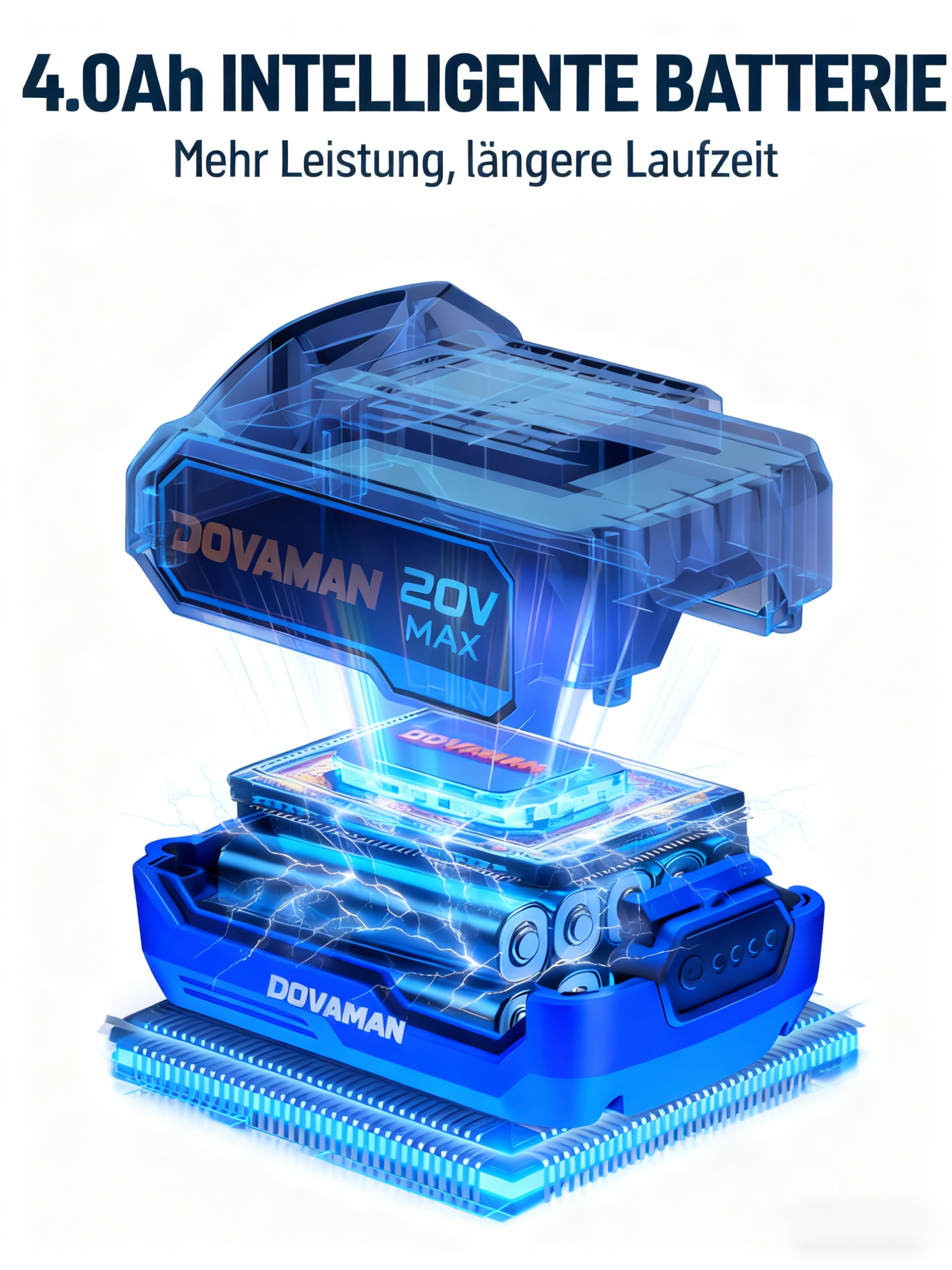 Leuchtende 20V MAX DOVAMAN Batterie mit sichtbaren Zellen und blauen Lichtern.