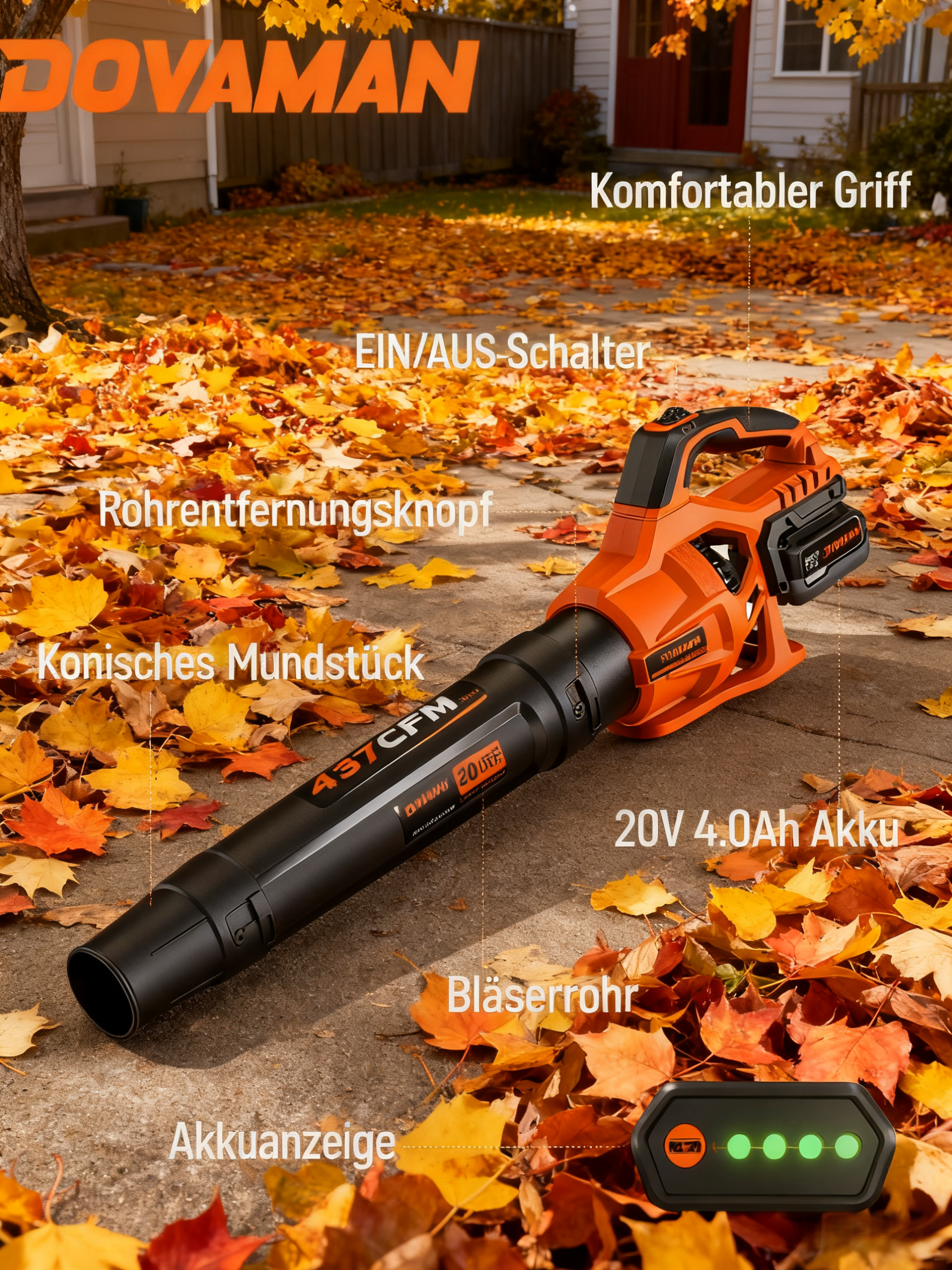 Ein orangefarbener Laubbläser liegt im Herbstlaub. Mit Beschriftungen.
