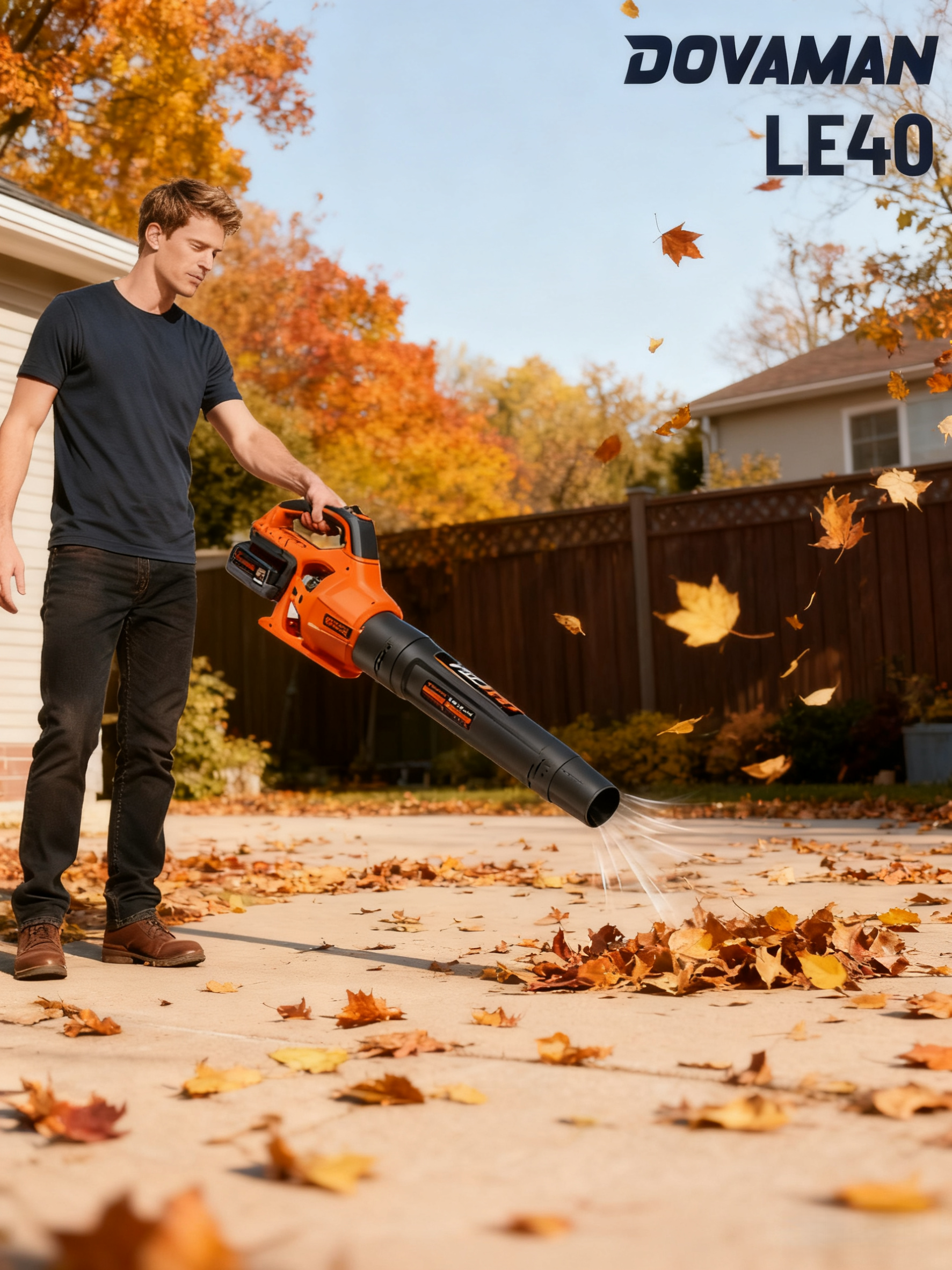 Mann bläst Blätter mit Laubbläser im Herbst