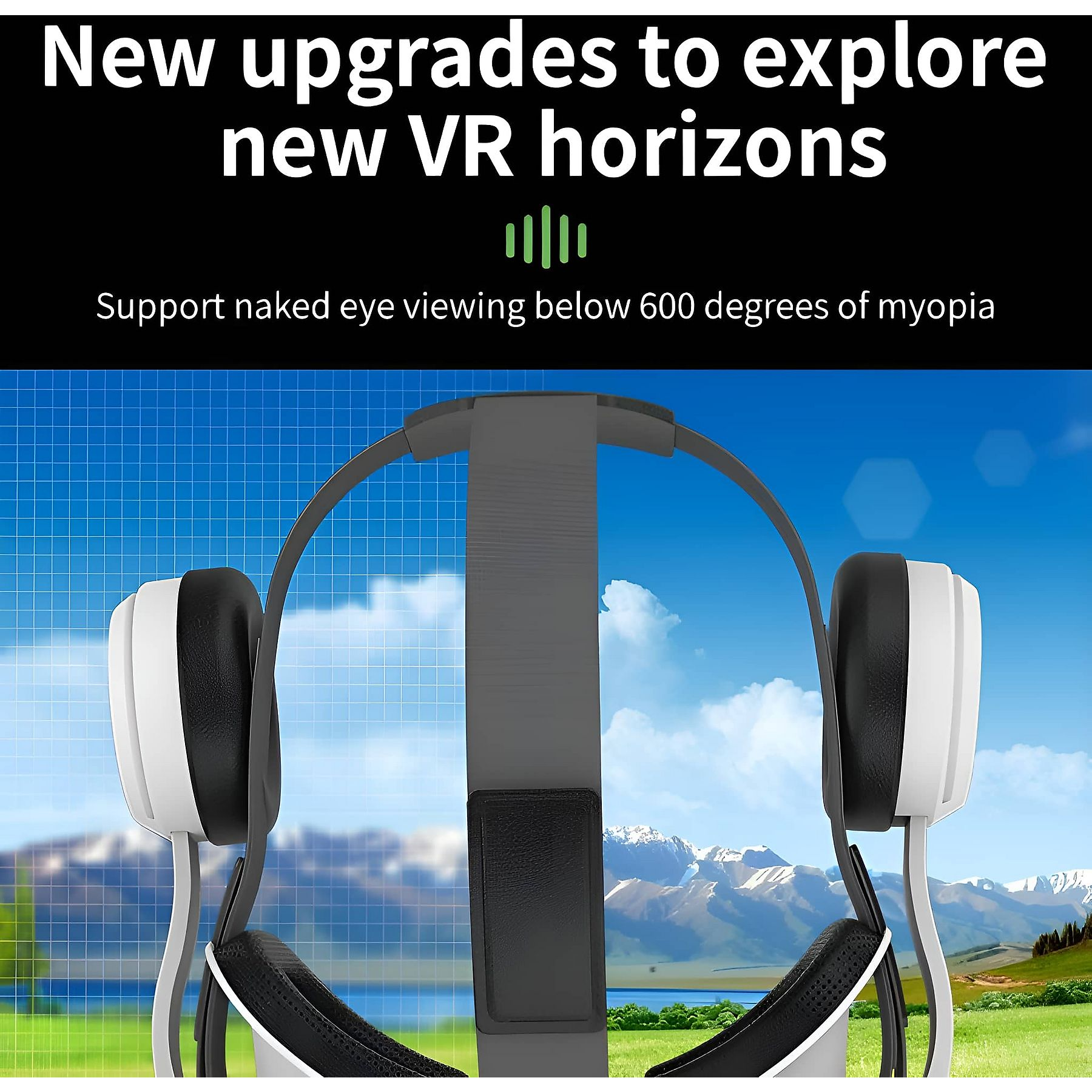 VR-Headset vor Berglandschaft und blauem Himmel mit Gitternetz.