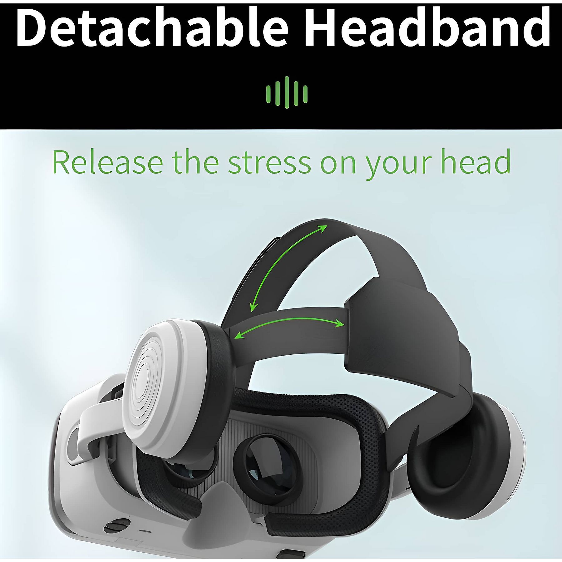 Ein weißes VR-Headset mit abnehmbarem schwarzen Kopfbügel und grünen Pfeilen.
