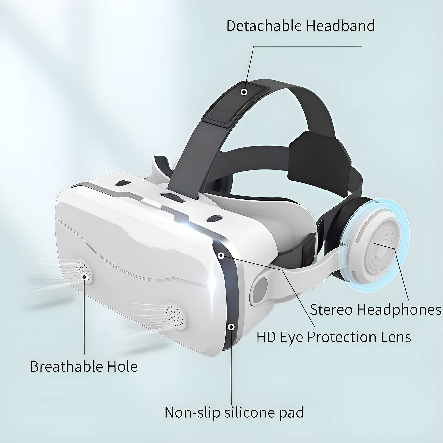 VR-Headset mit abnehmbarem Bügel, Kopfhörern und Linsen.