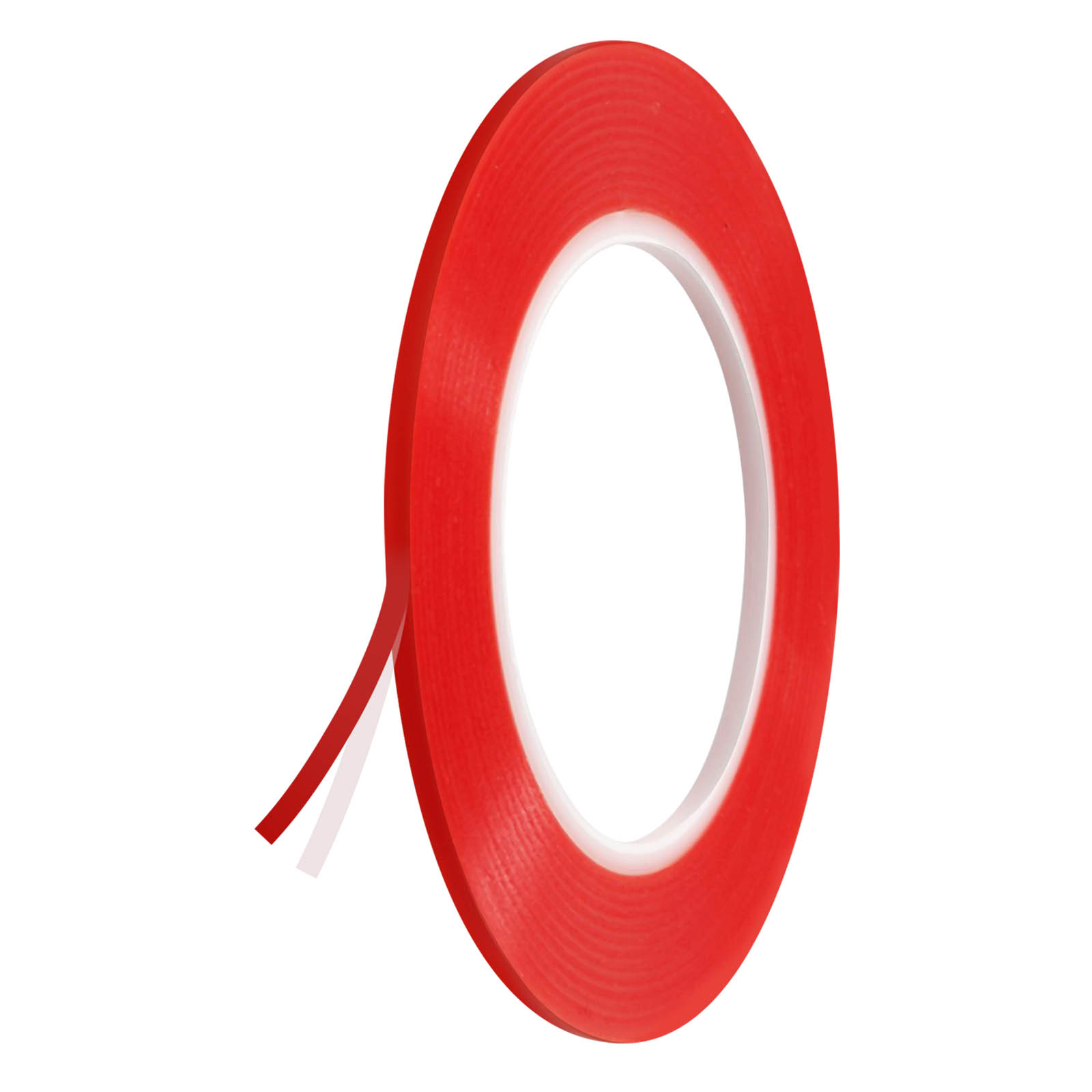 Nastro rosso biadesivo su sfondo bianco.