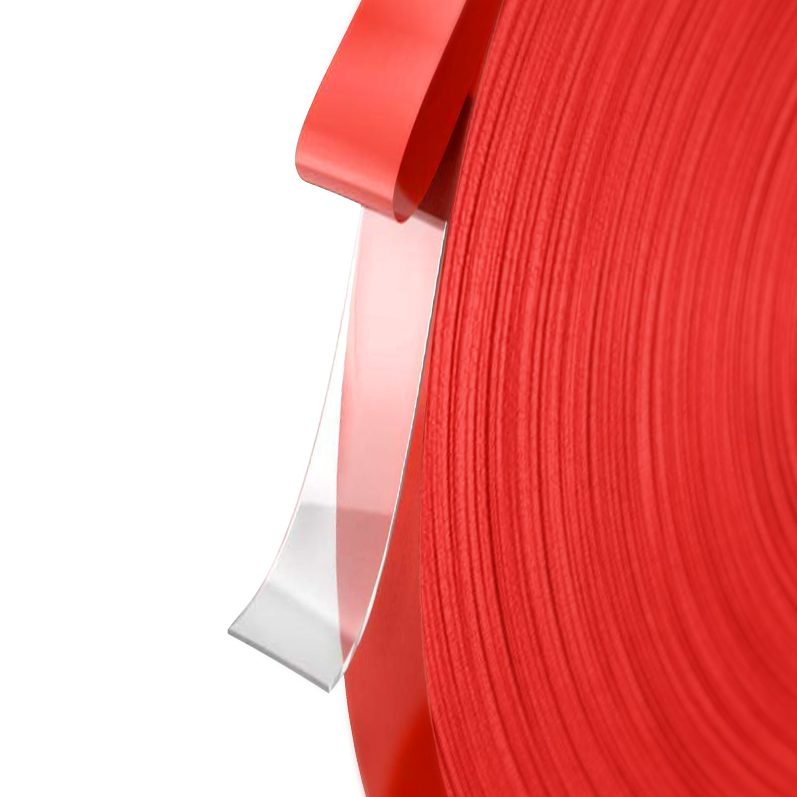 Primo piano di un grande rotolo di nastro rosso con una striscia trasparente.