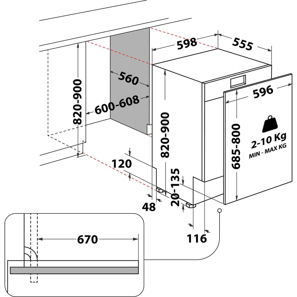 Disegno tecnico di una lavastoviglie con dimensioni in mm.