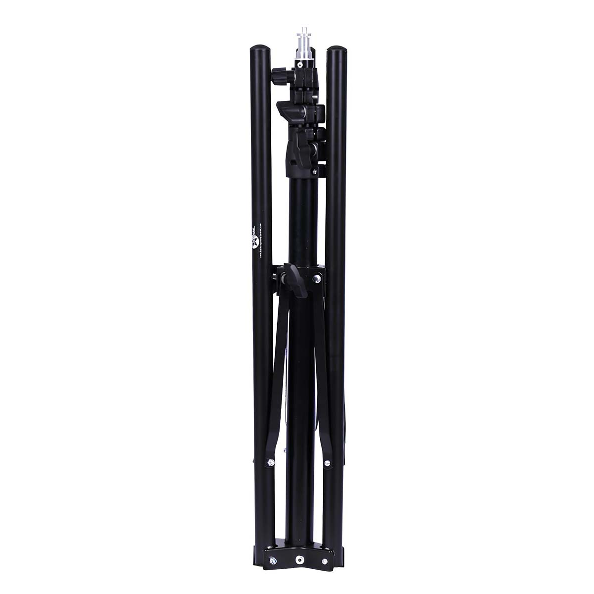 Un soporte de luz negro plegado con tres patas y un soporte en la parte superior.