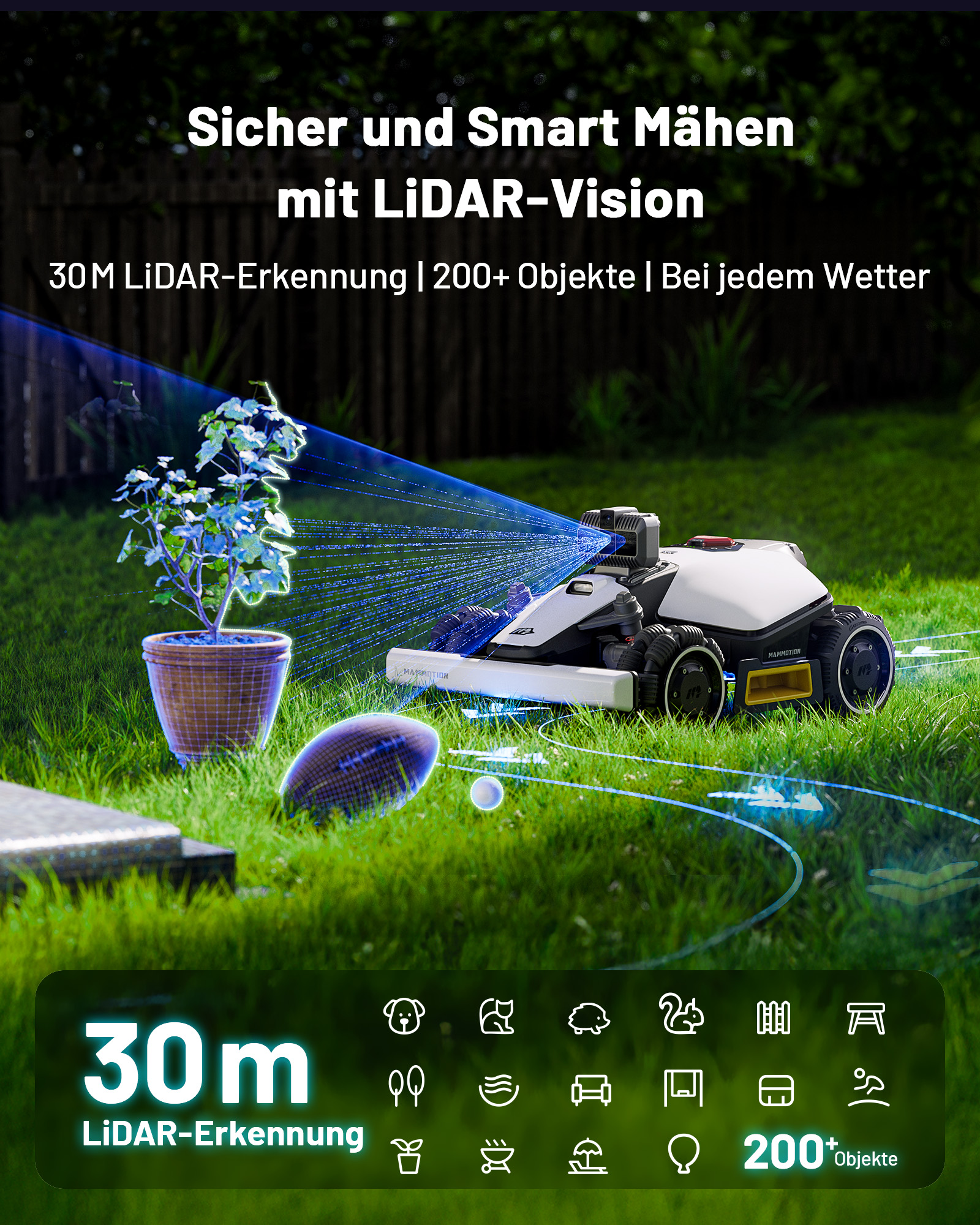 Un robot cortacésped usa LiDAR-Vision para escanear un césped, detectando objetos como una planta en maceta y un balón.