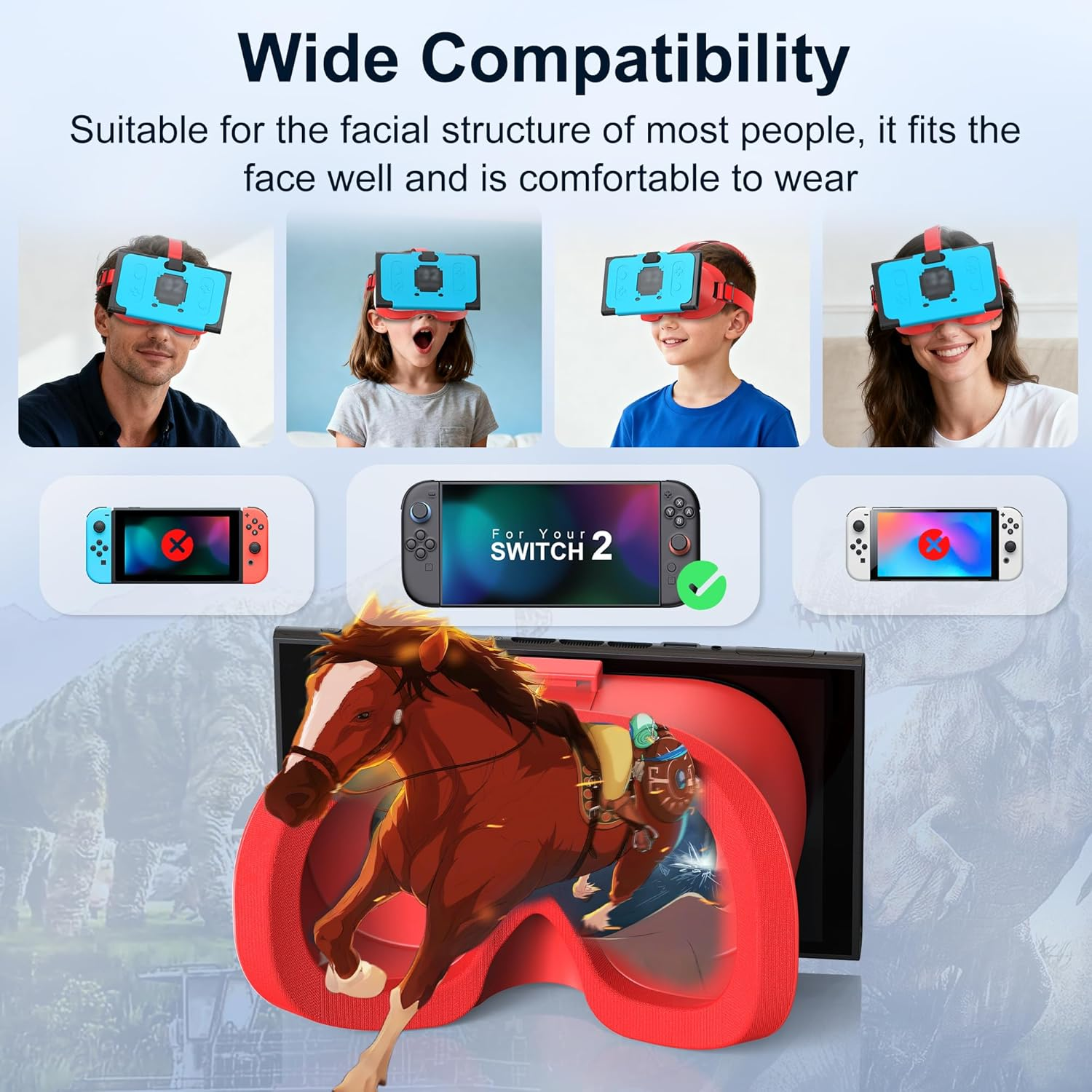 VR-Brille mit Pferd und Reitersimulation, Nintendo Switch und Controller.