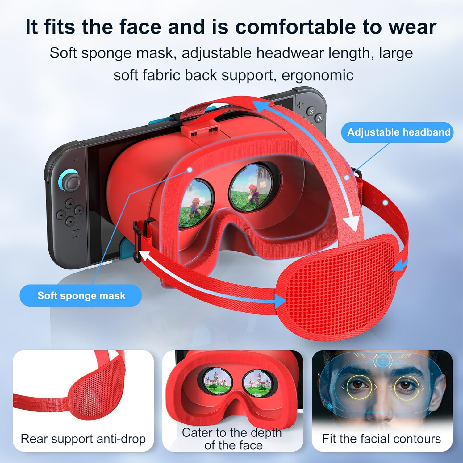 Rote VR-Brille mit verstellbarem Kopfband und weichem Schwamm für Komfort.