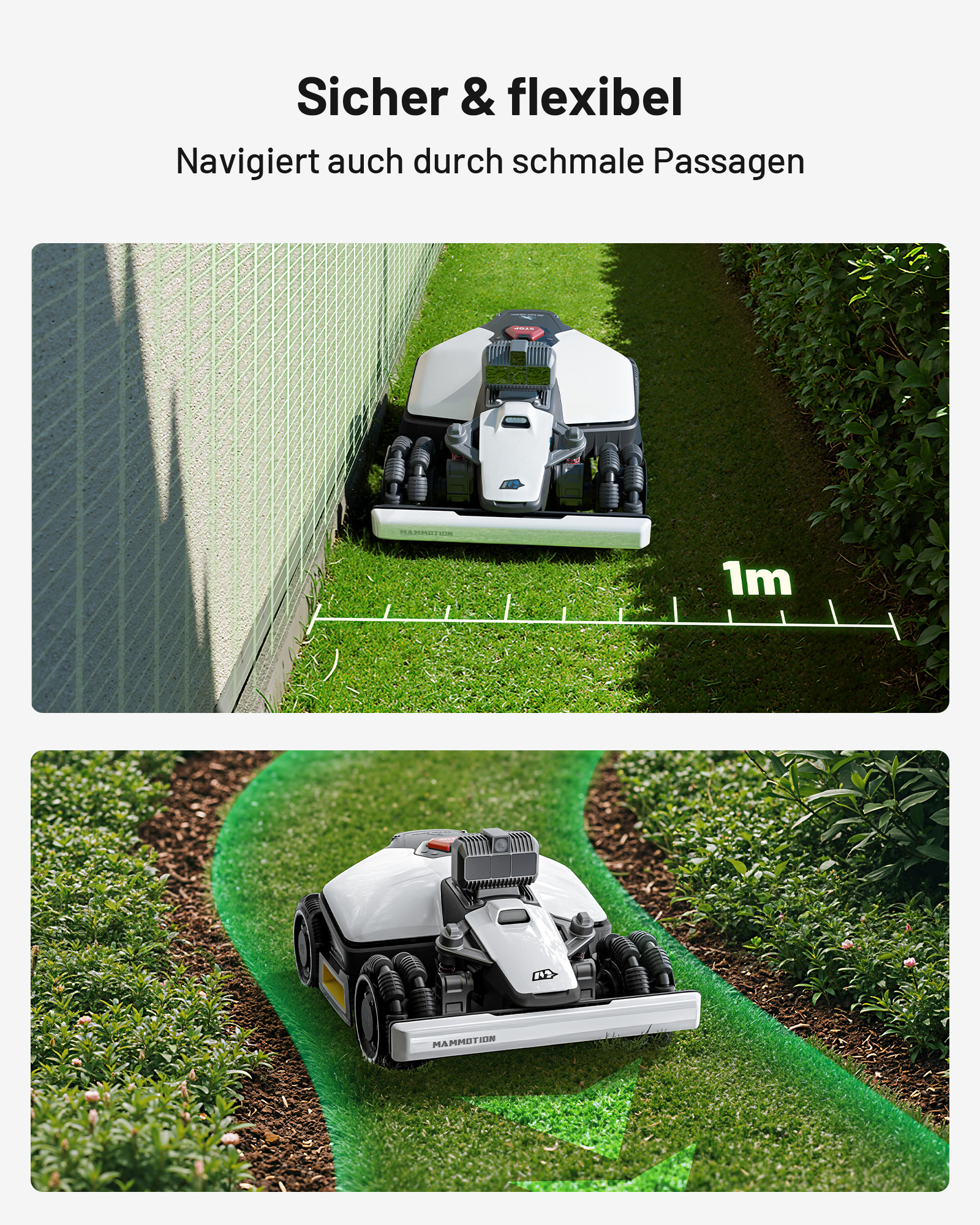 Un robot cortacésped navega cerca de la pared de una casa y un seto. Una escala muestra 1m.
