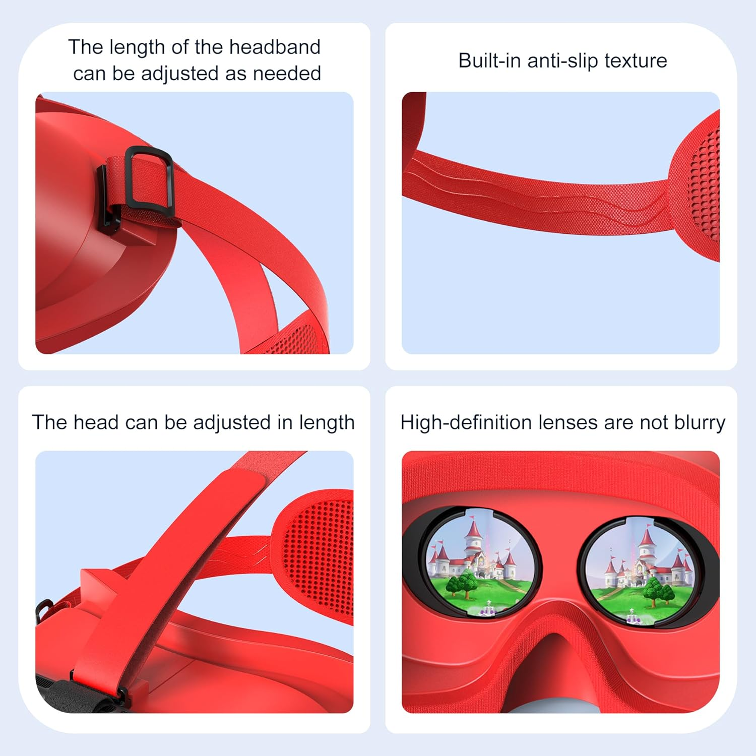 Rote VR-Brille mit verstellbarem Kopfband und klaren Linsen, die ein Schloss zeigen.