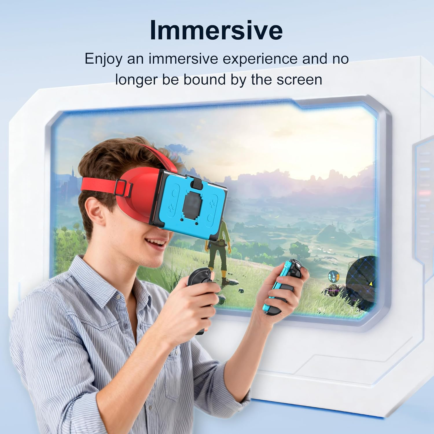 Ein Mann mit VR-Brille und Controllern spielt ein Videospiel in einer grünen Landschaft.