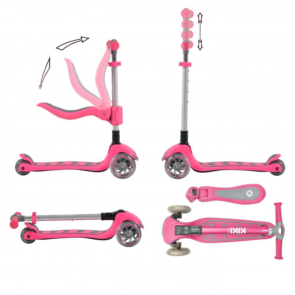 Vier Ansichten eines rosa Kiki 3-Rad-Scooters mit verstellbarem Lenker und Sitz.