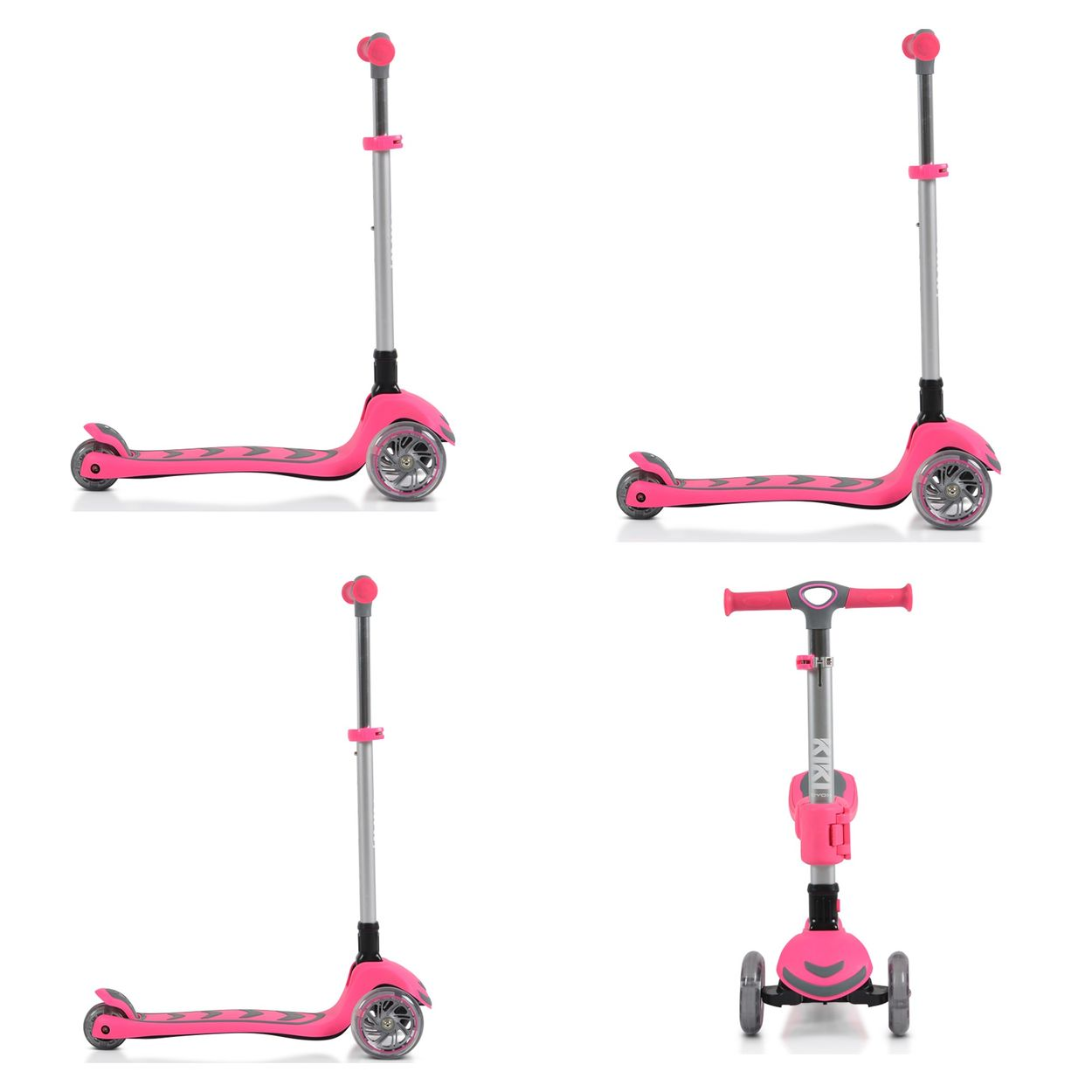 Ein pinker Roller mit drei Rädern und verstellbarem Lenker.