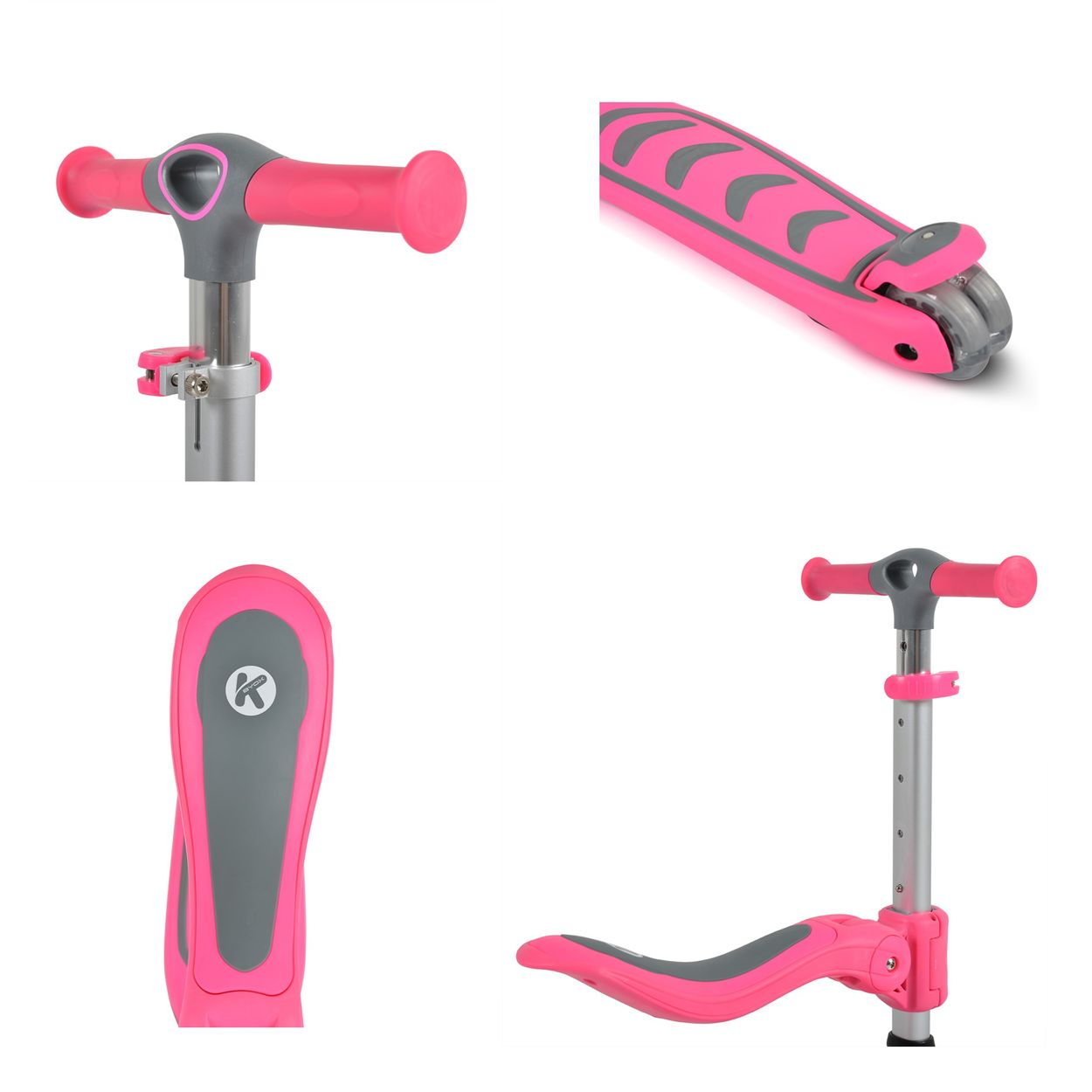 Pinker Roller mit grauem Lenker und Trittbrett. Nahaufnahmen.