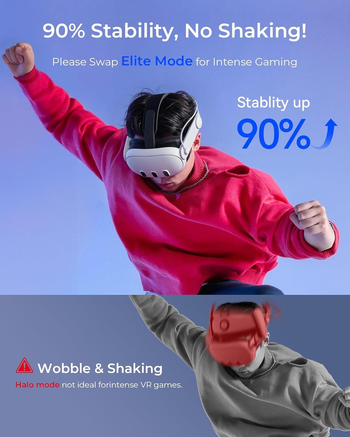 Mann trägt VR-Headset, 90% Stabilität. Unten: Man mit rotem VR-Headset, Wackeln.