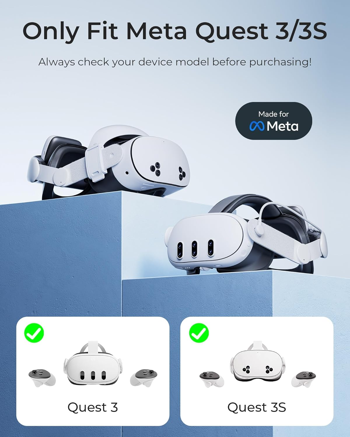 Zwei weiße VR-Headsets, eine für Quest 3, eine für Quest 3S.
