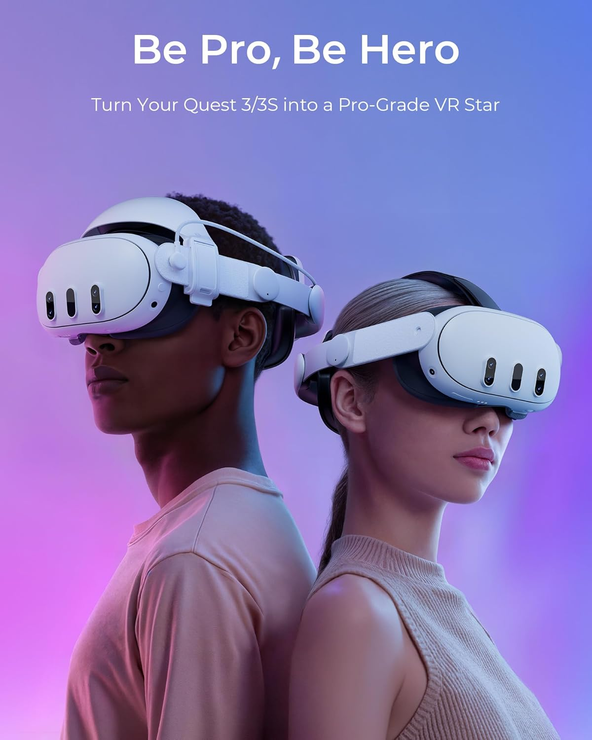 Zwei Personen tragen weiße VR-Headsets vor einem lila Farbverlauf.