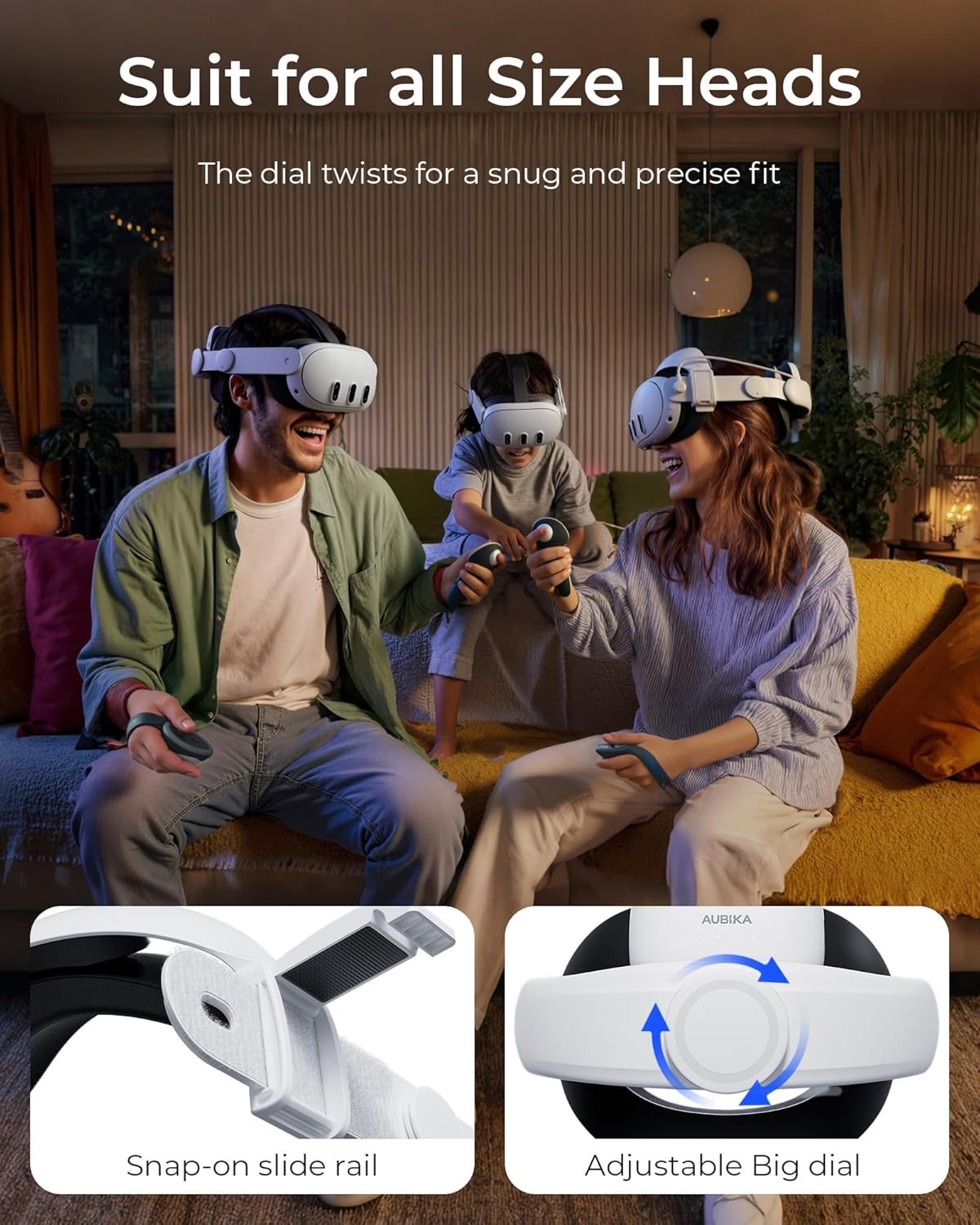 Familie mit VR-Headsets auf dem Sofa, zwei Nahaufnahmen von VR-Zubehörteilen.