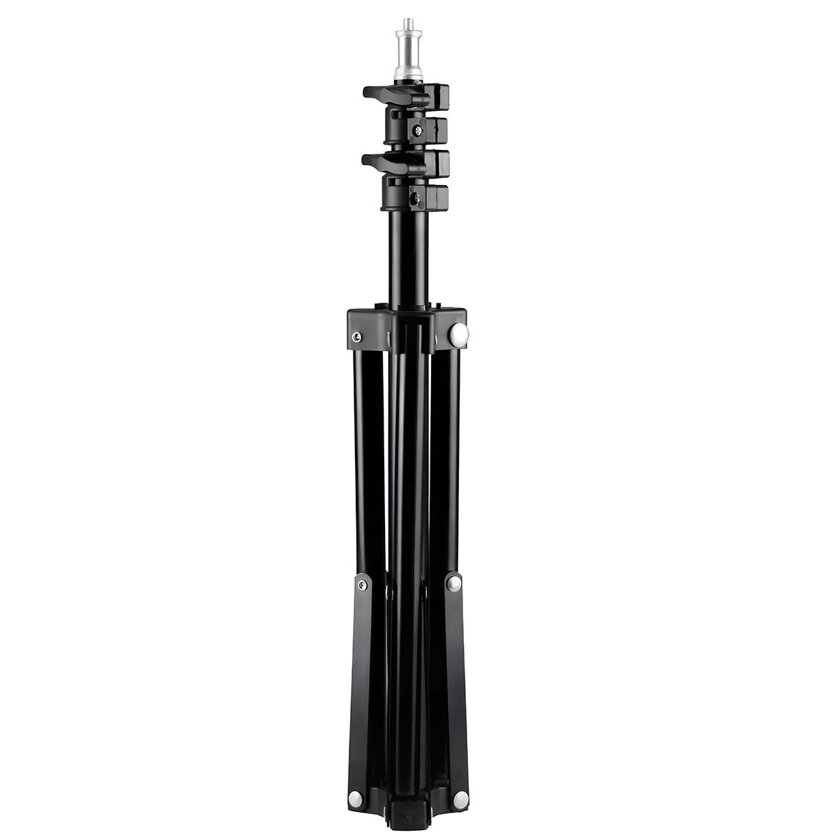 Un soporte de luz negro plegable con base de trípode y accesorio superior.