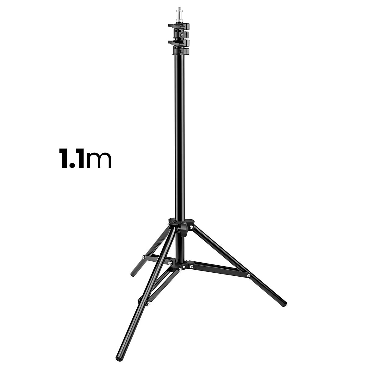 Un soporte de luz de trípode negro y ajustable, de 1,1 m de altura.