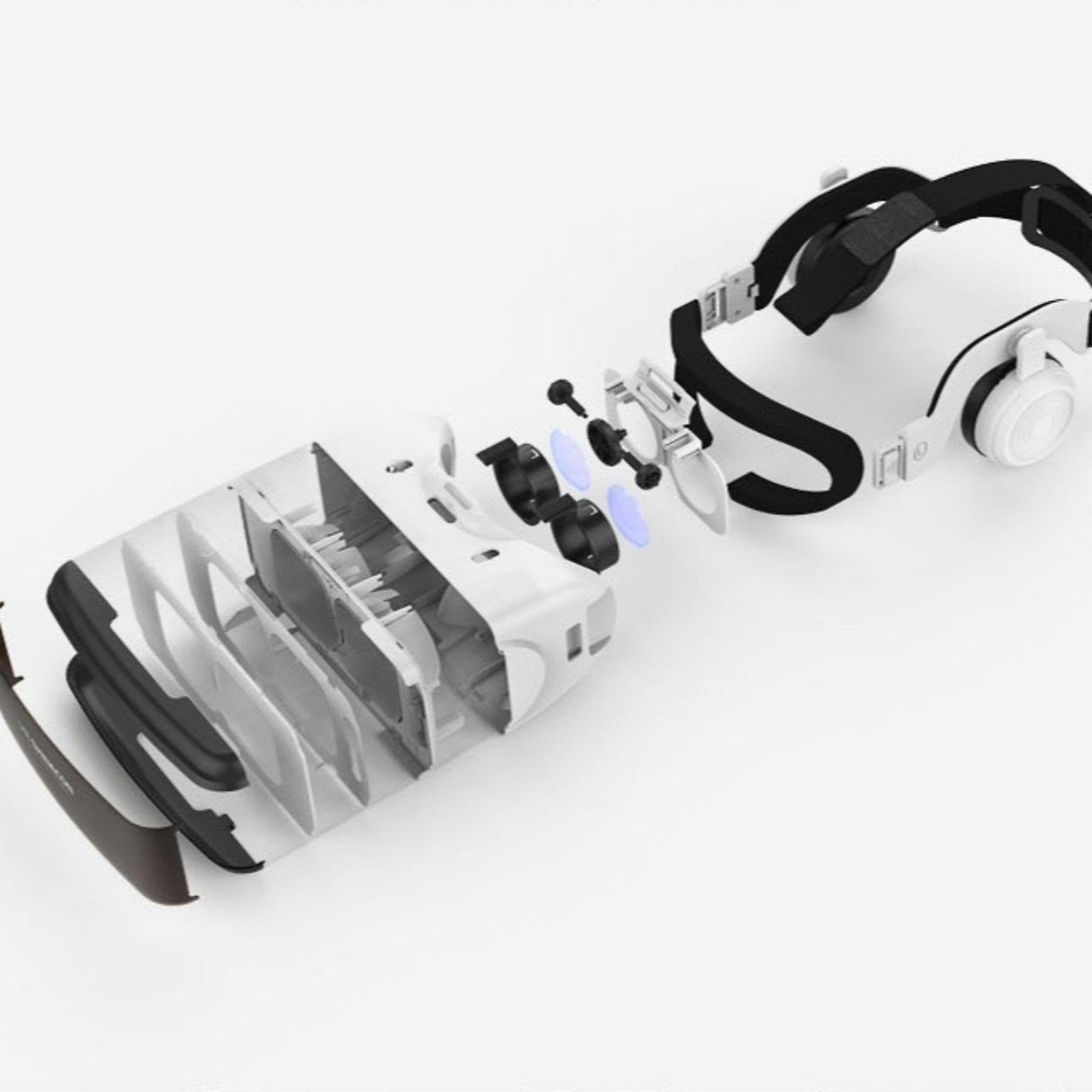 Explodierte Ansicht eines weißen VR-Headsets mit schwarzen Bändern und sichtbaren Linsen.