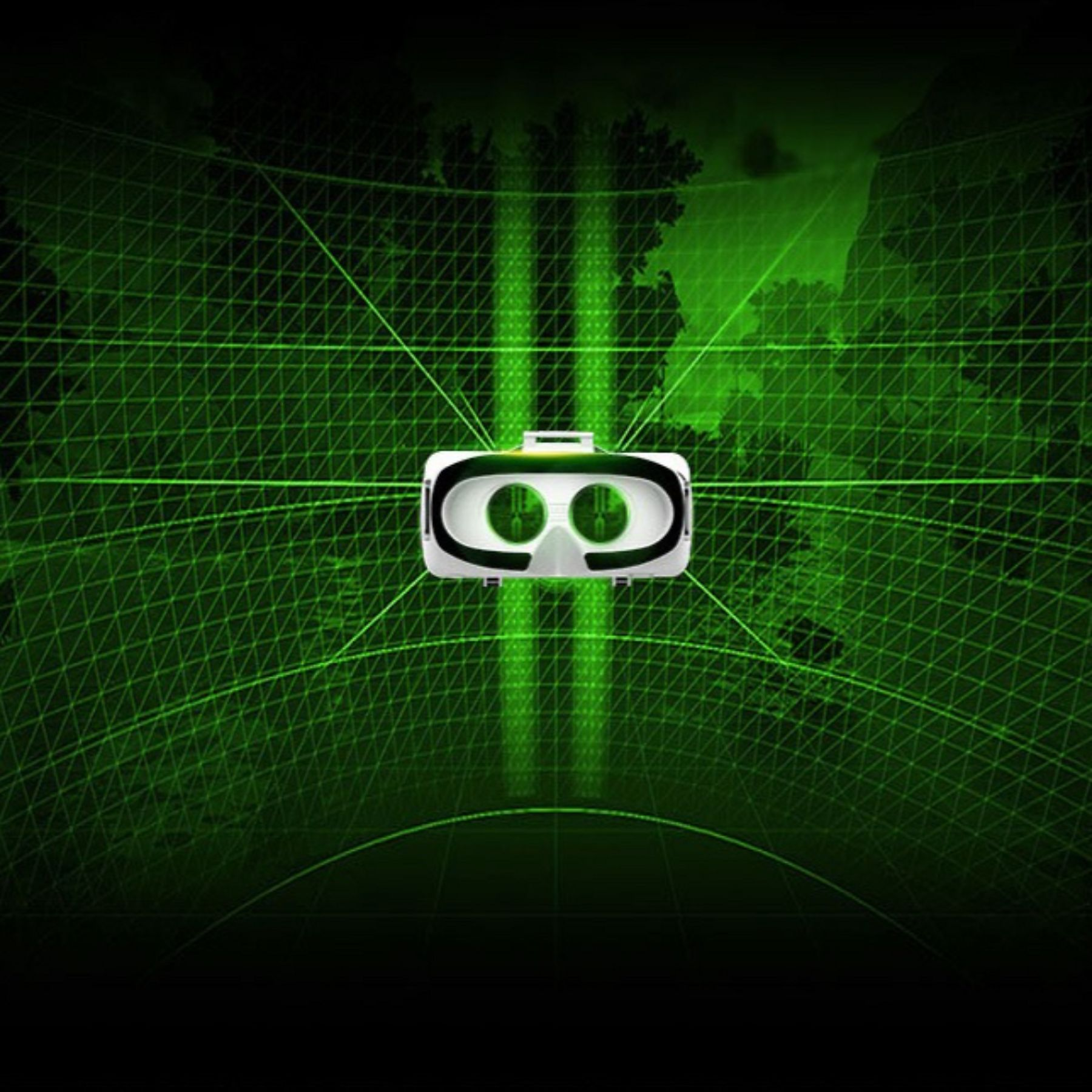 Eine weiße VR-Brille mit schwarzen Akzenten auf grünem Netz-Hintergrund.
