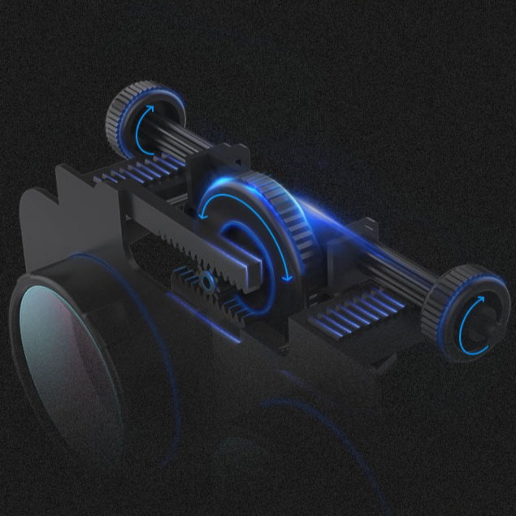 Mechanisches Detail: Zahnräder drehen sich mit blauen Pfeilen auf schwarzem Hintergrund.